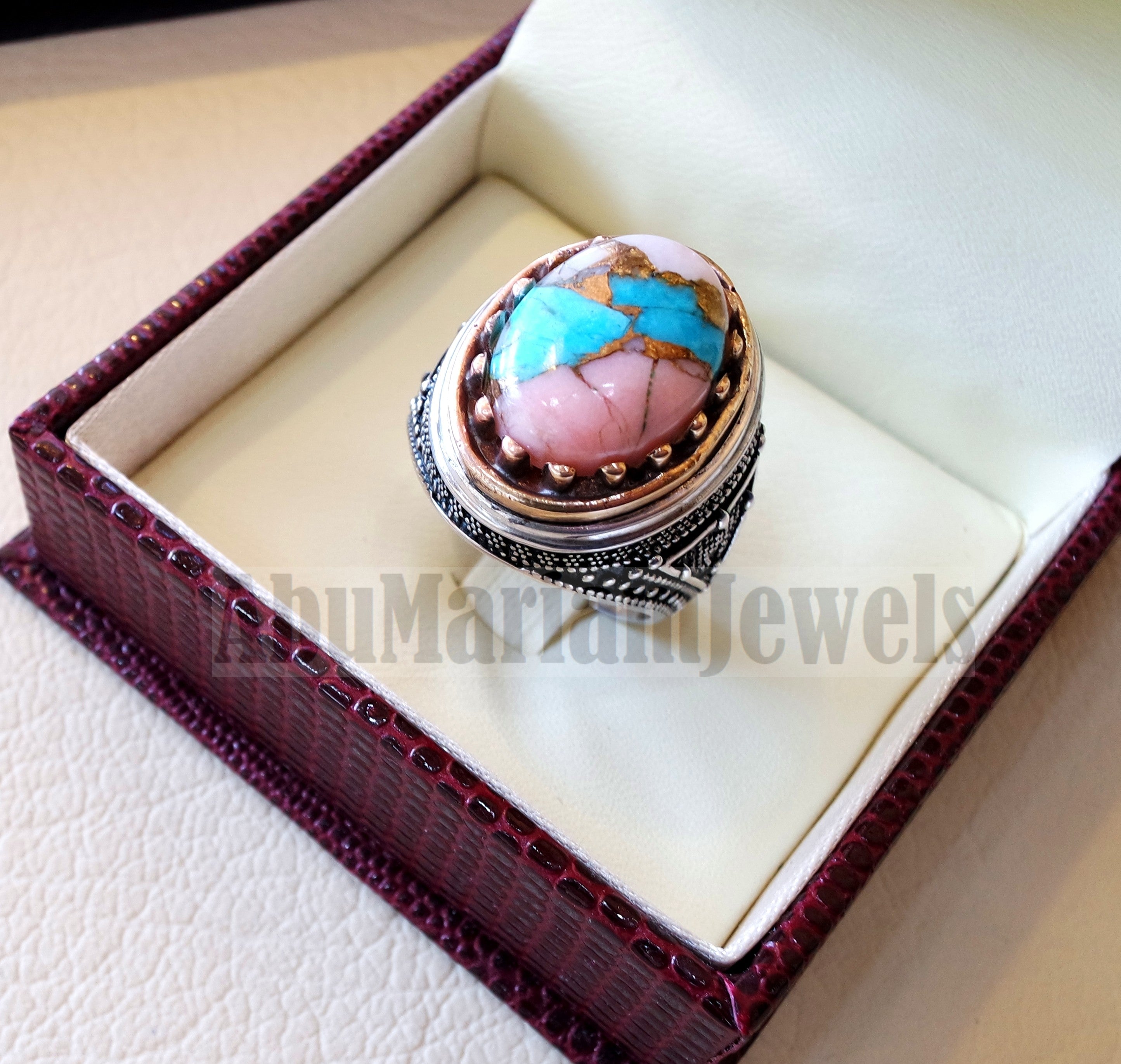 Copper pink Opal Turquoise blue natural stone ring sterling silver 925 men jewelry all sizes semi gem highest quality middle eastern style