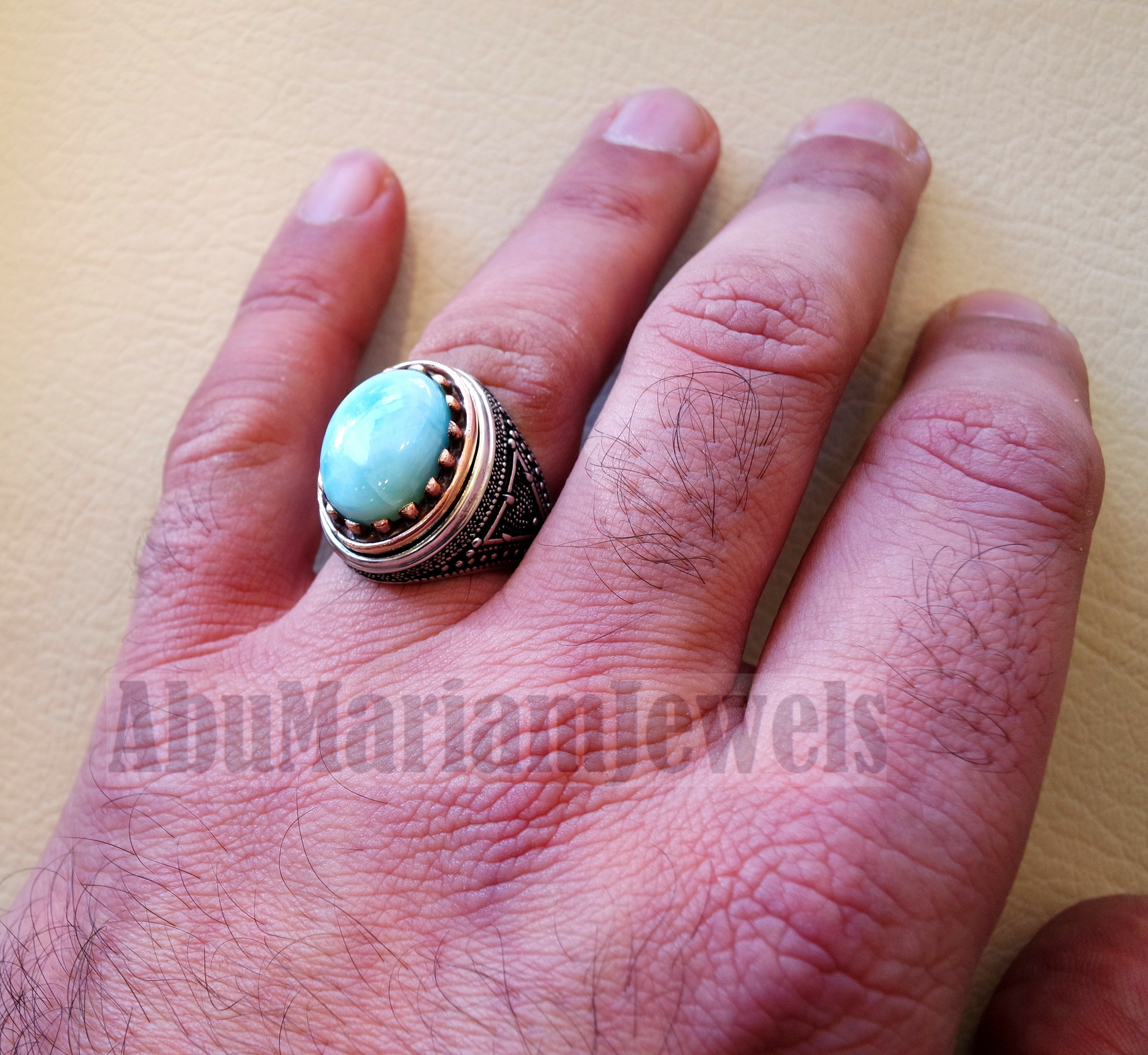 Dominican larimar blue natural stone ring sterling silver 925 and bronze frame men jewelry all sizes gem high quality middle eastern style