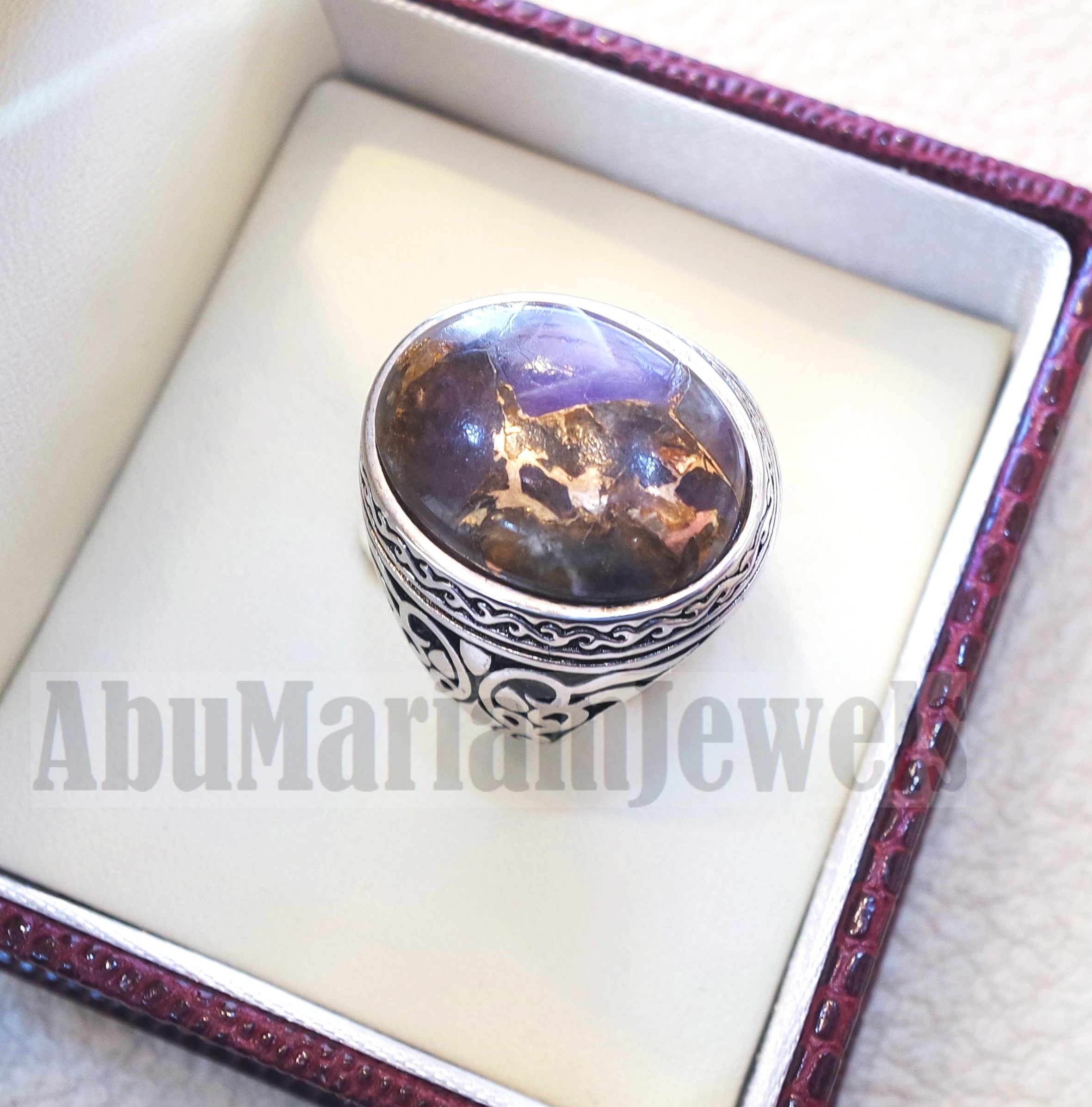 copper amethyst man ring natural purple stone sterling silver 925 oval cabochon semi precious gem ottoman arabic style all sizes jewelry