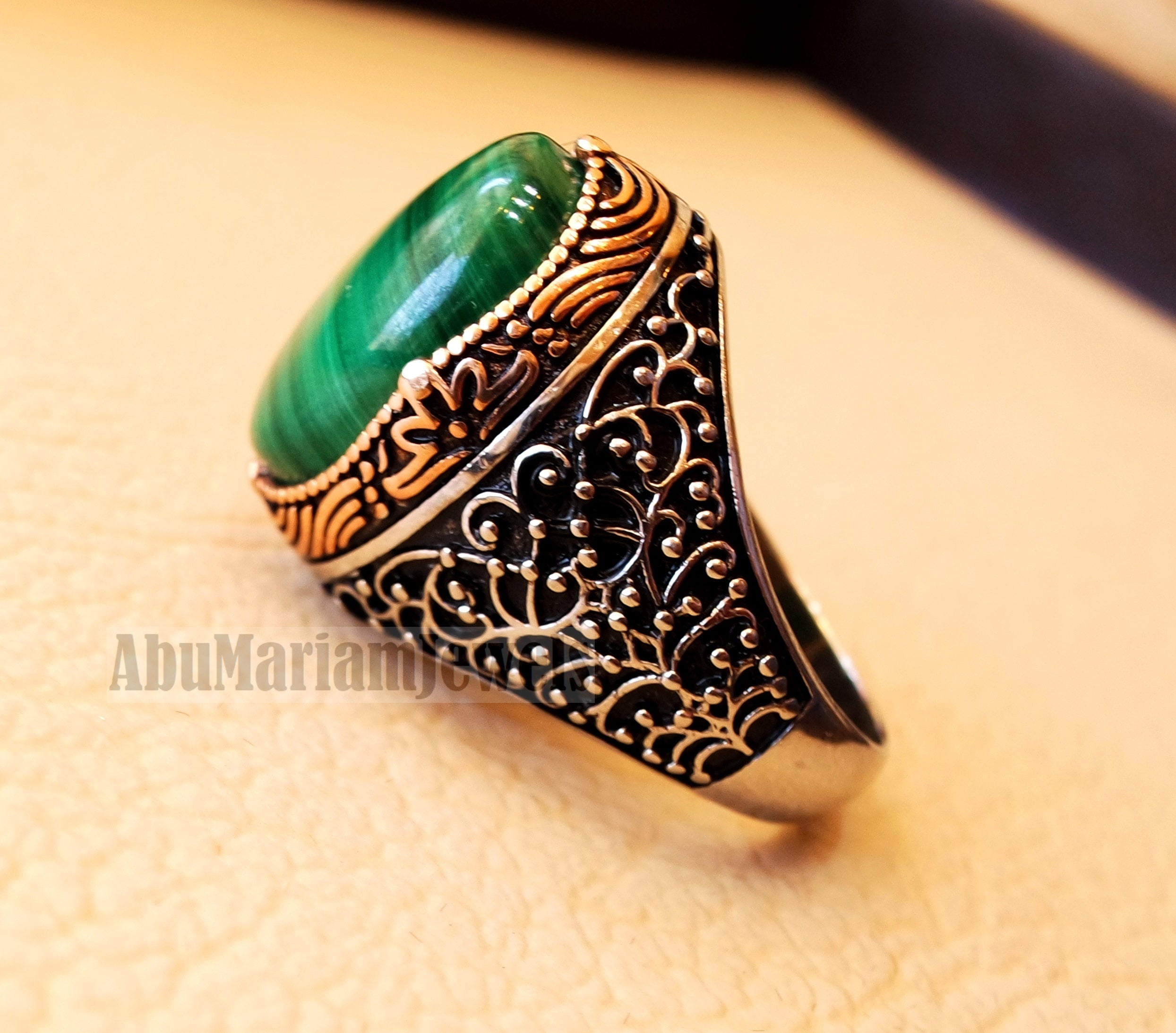 malachite natural green stone sterling silver 925 man ring jewelry bronze frame eastern turkish arabic style oval semi precious cabochon