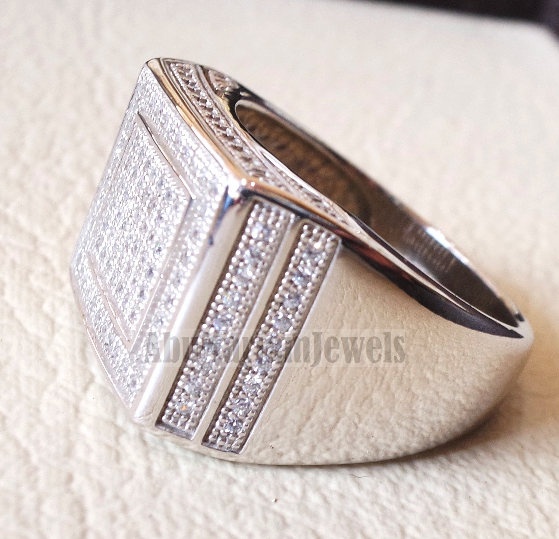 Micro pave cubic zirconia white stones diamond style sterling silver 925 heavy men ring all sizes .