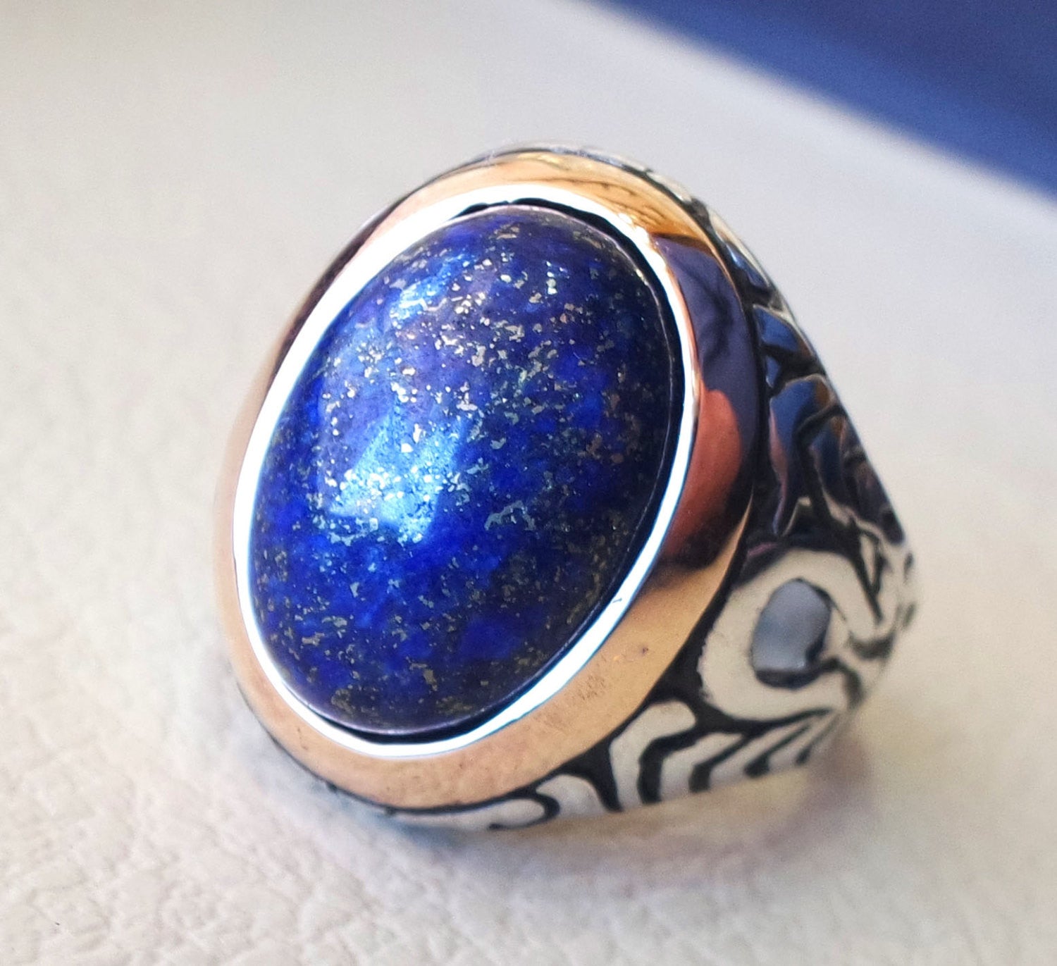 lapis lazuli men ring  oval cabochon natural blue stone  bronze and sterling silver 925  jewelry all sizes 18 * 13 mm ottoman middle eastern