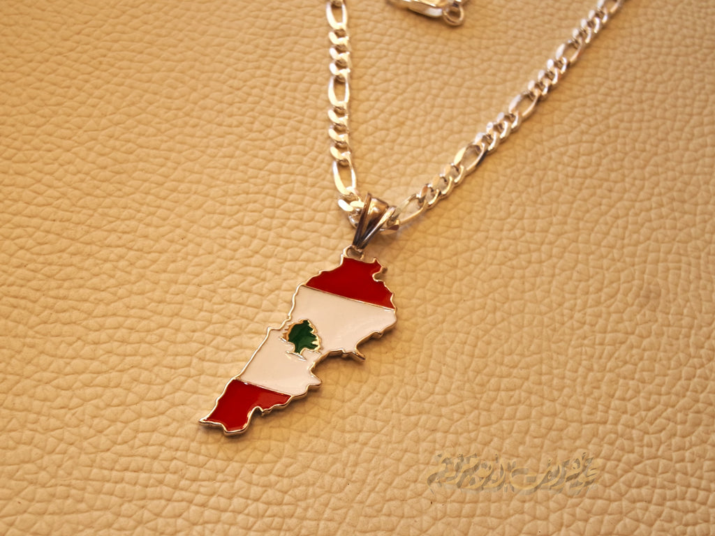 Lebanon map pendant with thick chain cedar tree flag colors sterling silver 925 k high quality jewelry Arabic fast shipping خريطة لبنان