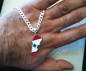 Lebanon map pendant with thick chain 3 cedar tree flag colors sterling silver 925 k high quality jewelry Arabic fast shipping خريطة لبنان