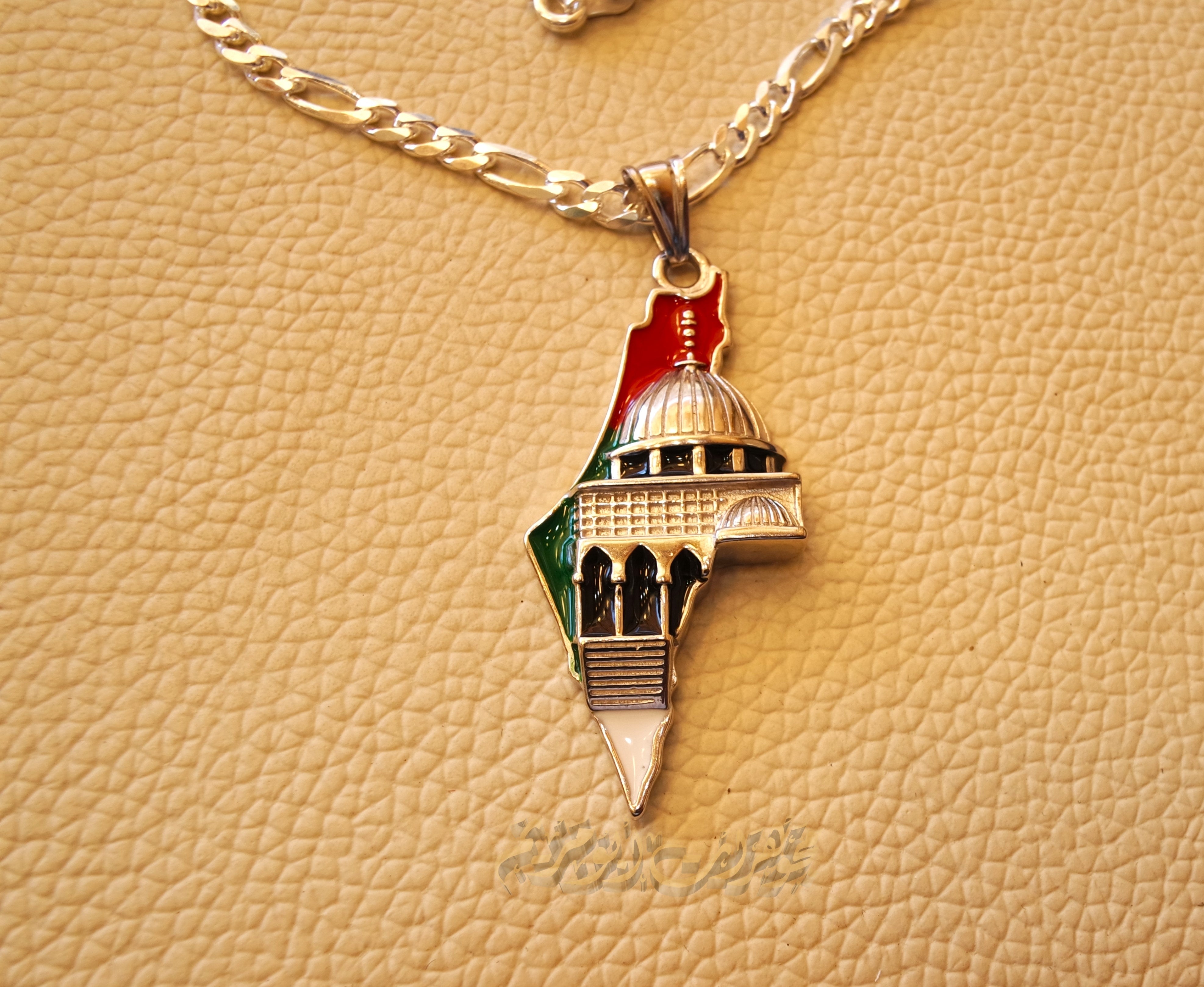 Big Palestine map with Aqsa mosque pendant with thick chain sterling silver 925 flag colors jewelry Arabic fast shipping خارطه و علم فلسطين