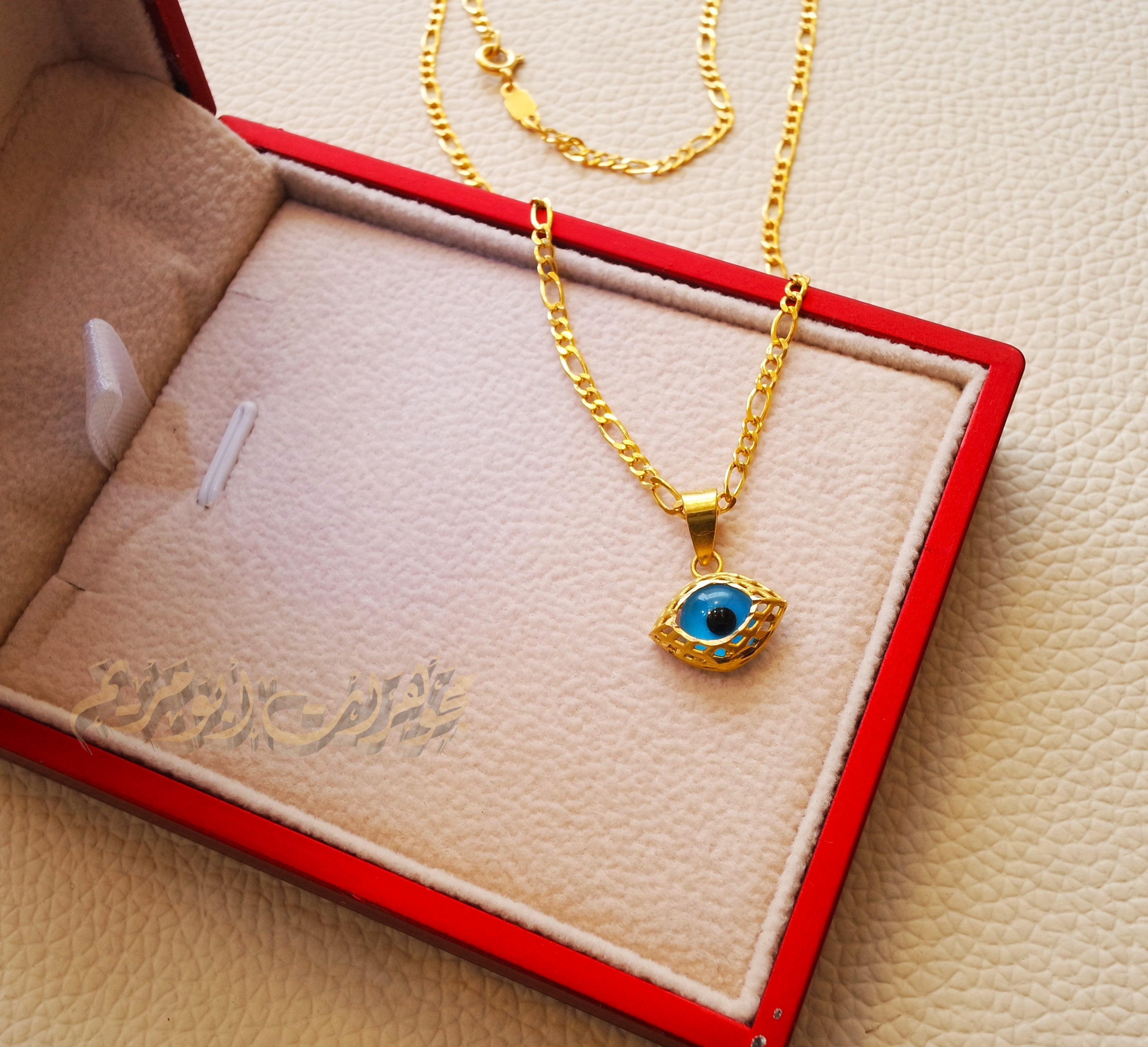 21K gold evil eye pendant with Filigree chain gold jewelry 16 and 20 inches fast shipping with gift box