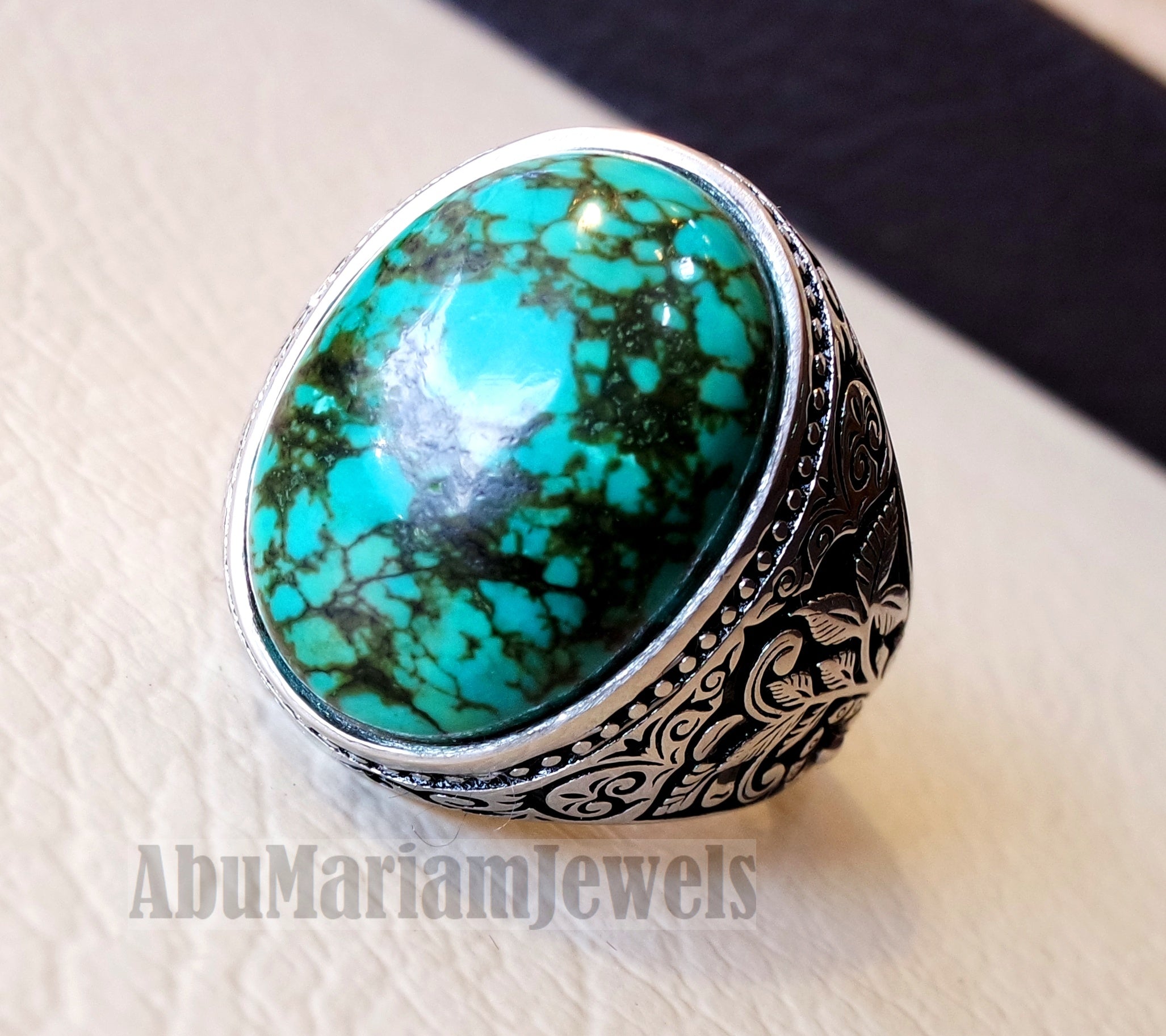 man ring nishapur tibet turquoise blue natural high quality stone sterling silver 925 all semi precious gem detailed design style