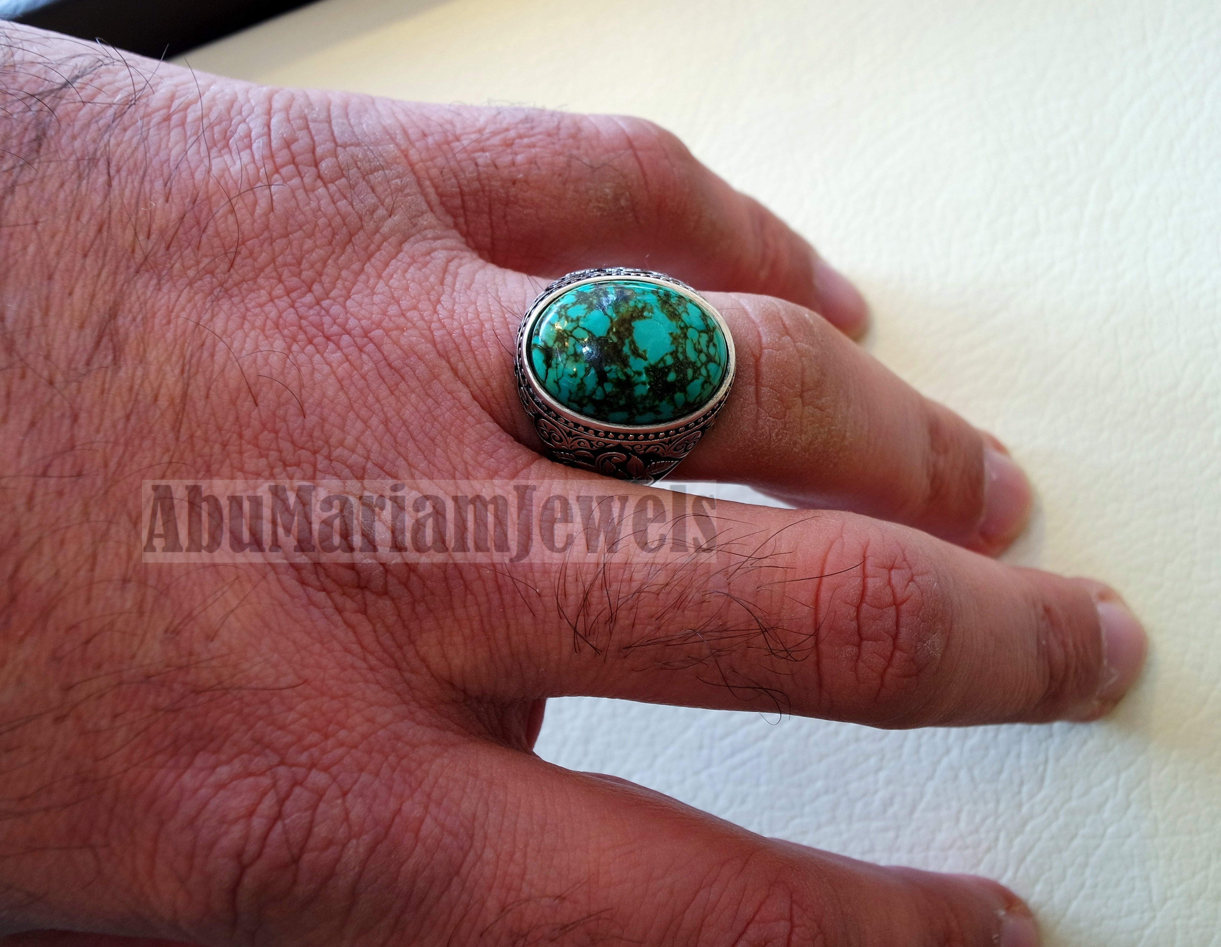 man ring nishapur tibet turquoise blue natural high quality stone sterling silver 925 all semi precious gem detailed design style