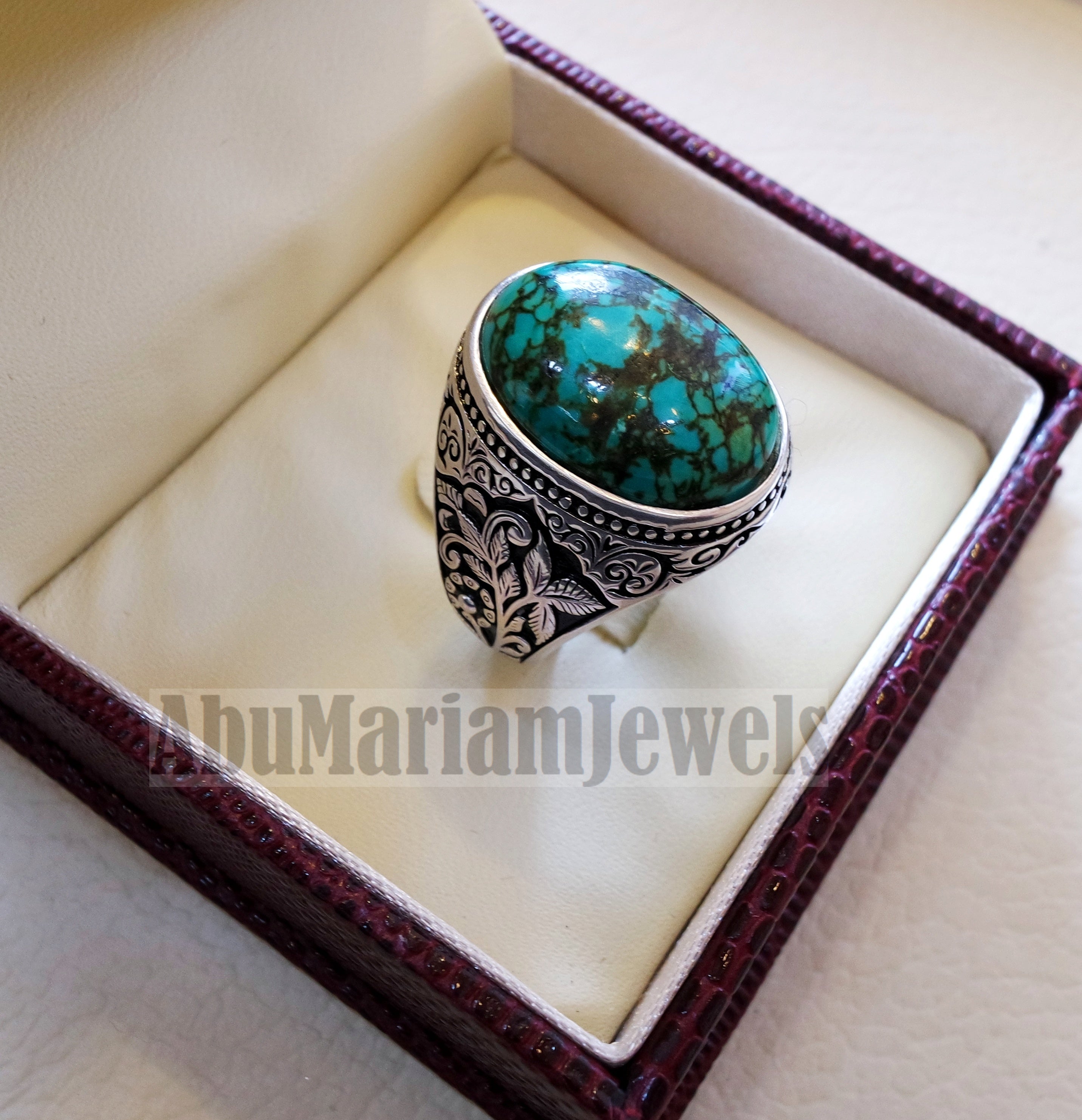 man ring nishapur tibet turquoise blue natural high quality stone sterling silver 925 all semi precious gem detailed design style