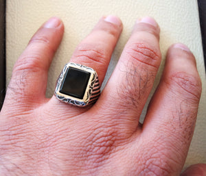 Anillo de plata hombre con piedra, anillo rectangular ónix negro o