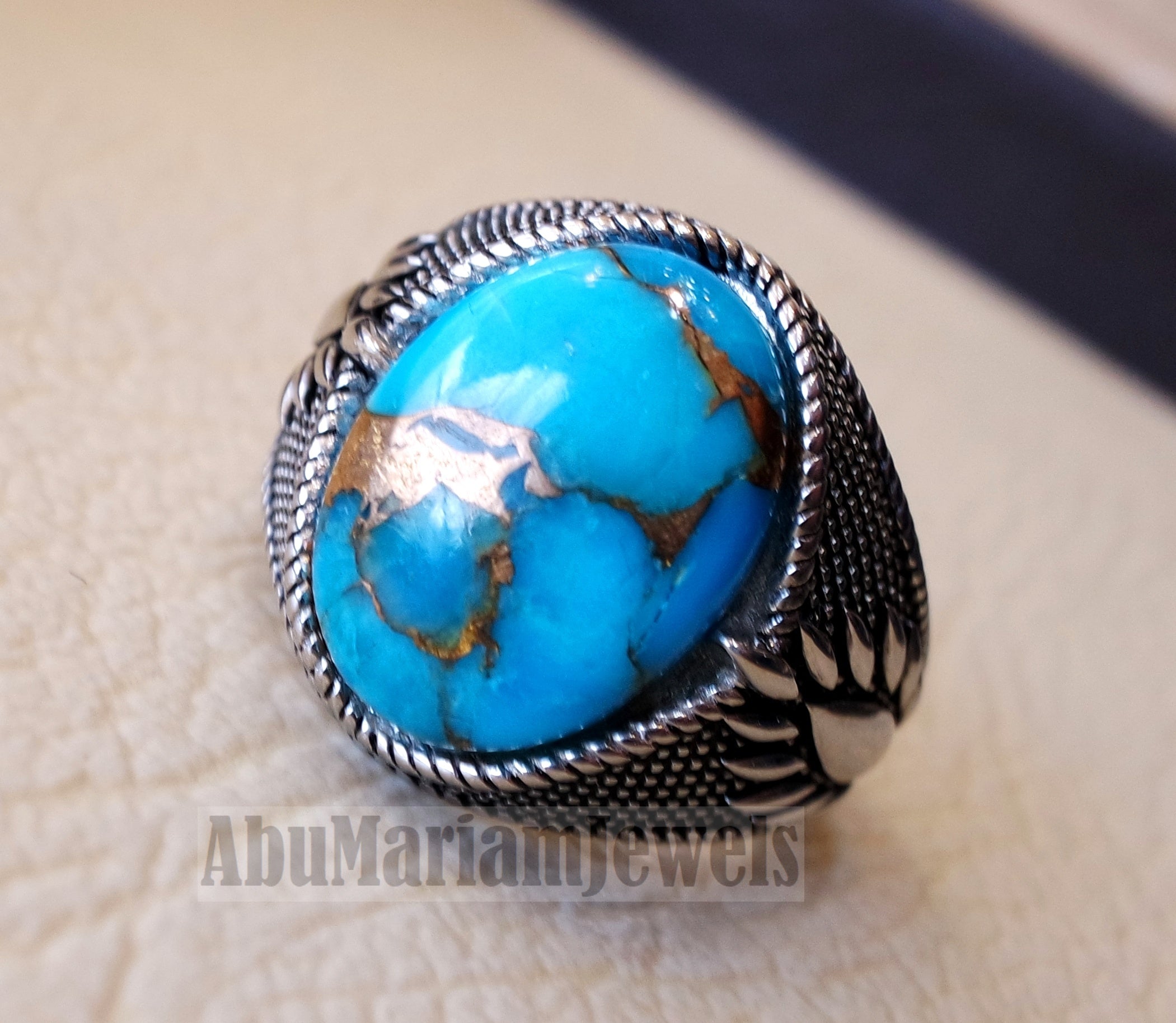 man ring copper turquoise natural stone sterling silver 925 oval cabochon semi precious gem ottoman arabic style all sizes jewelry فيروز