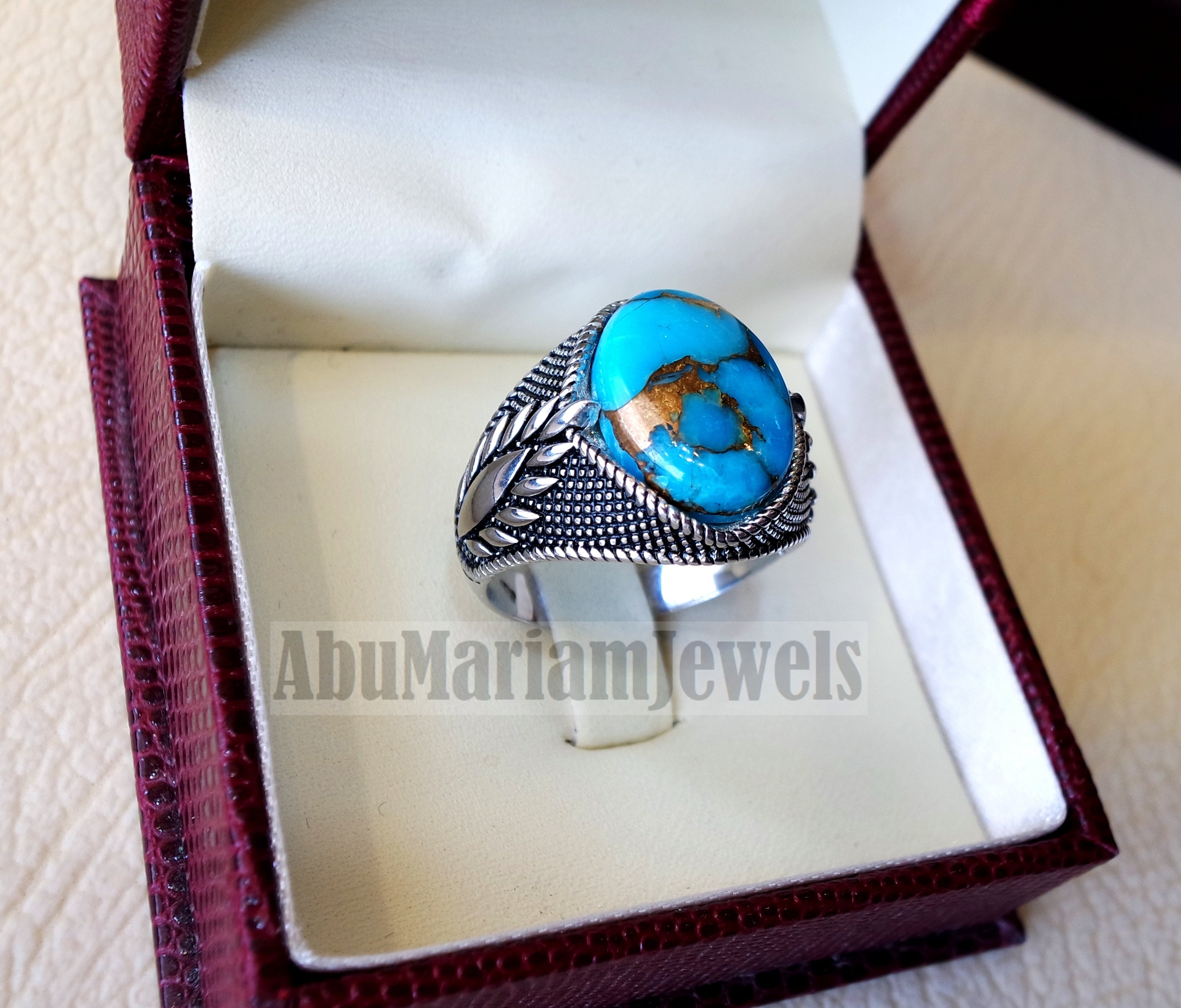 man ring copper turquoise natural stone sterling silver 925 oval cabochon semi precious gem ottoman arabic style all sizes jewelry فيروز