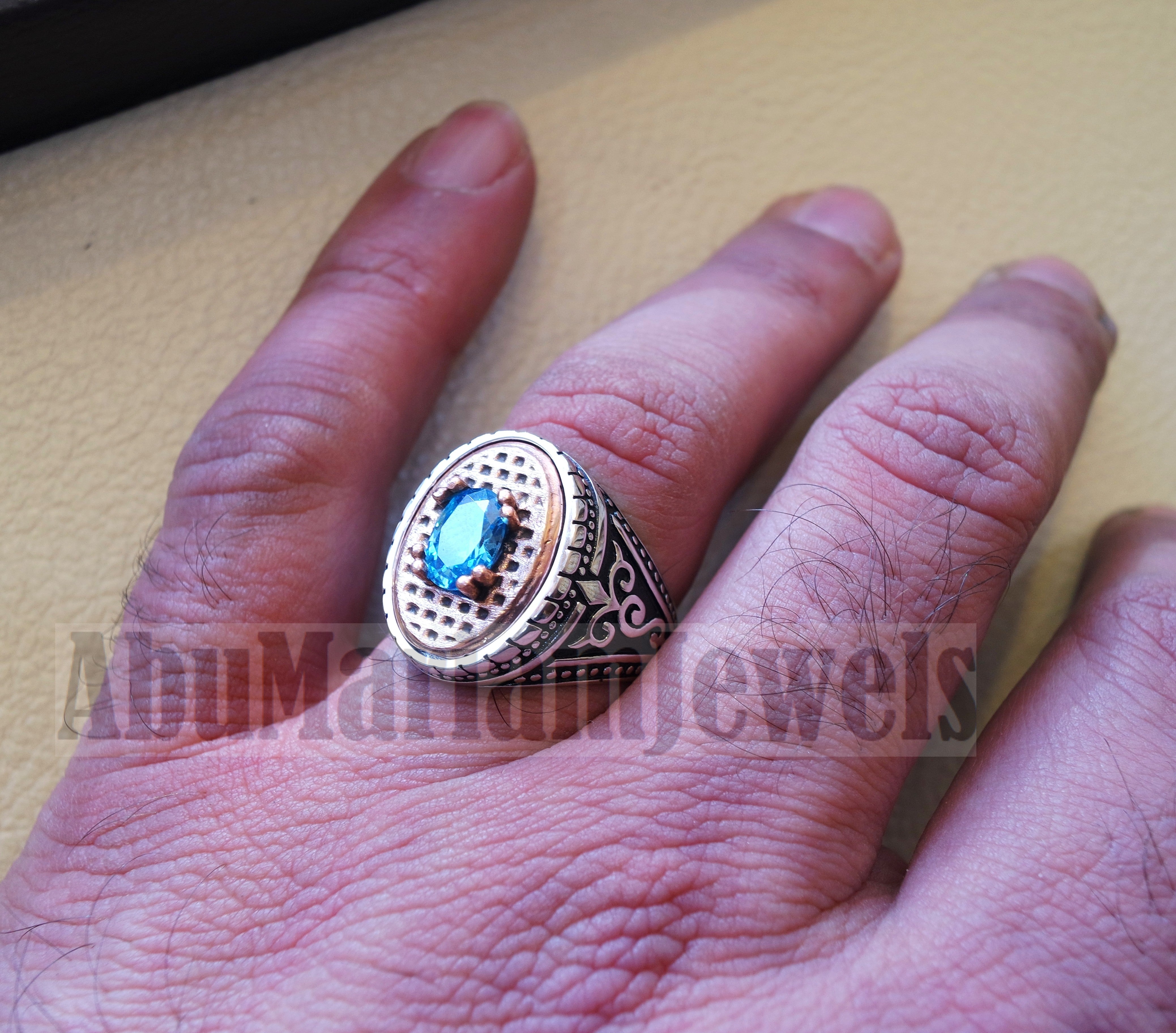 deep vivid sky blue cubic zirconia oval stone highest quality stone sterling silver 925 men ring and bronze frame all sizes jewelry Br102