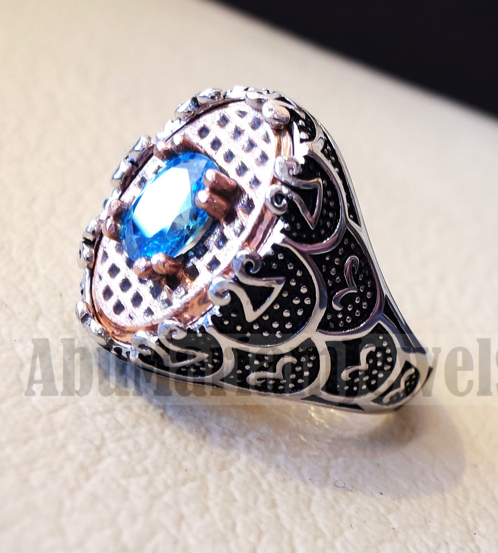 deep vivid sky blue cubic zirconia oval stone highest quality stone sterling silver 925 men ring and bronze frame all sizes jewelry Br103