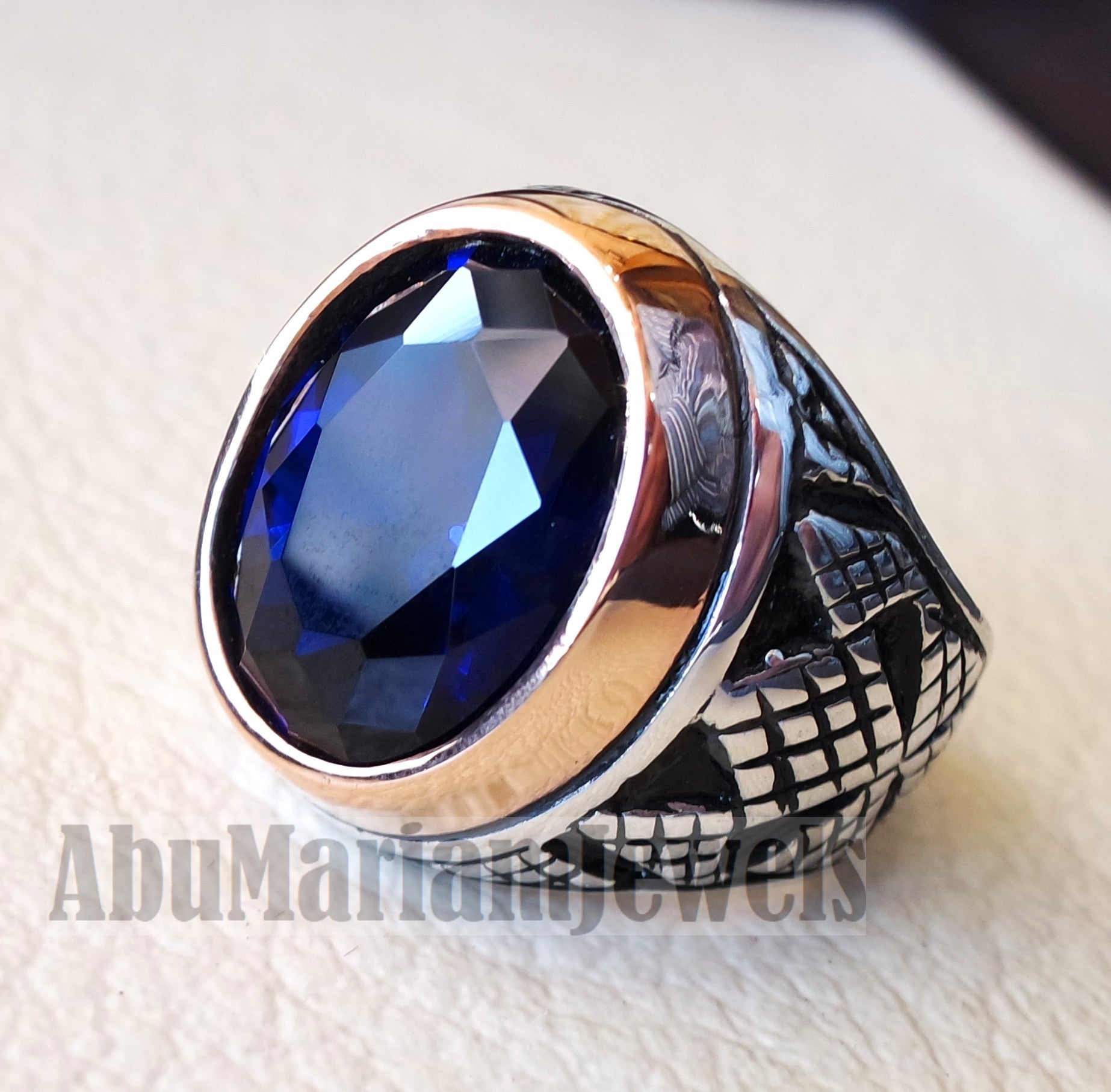 men ring spinel corundum stone identical to genuine sapphire gem sterling silver 925 bronze frame huge gemstone any size jewelry