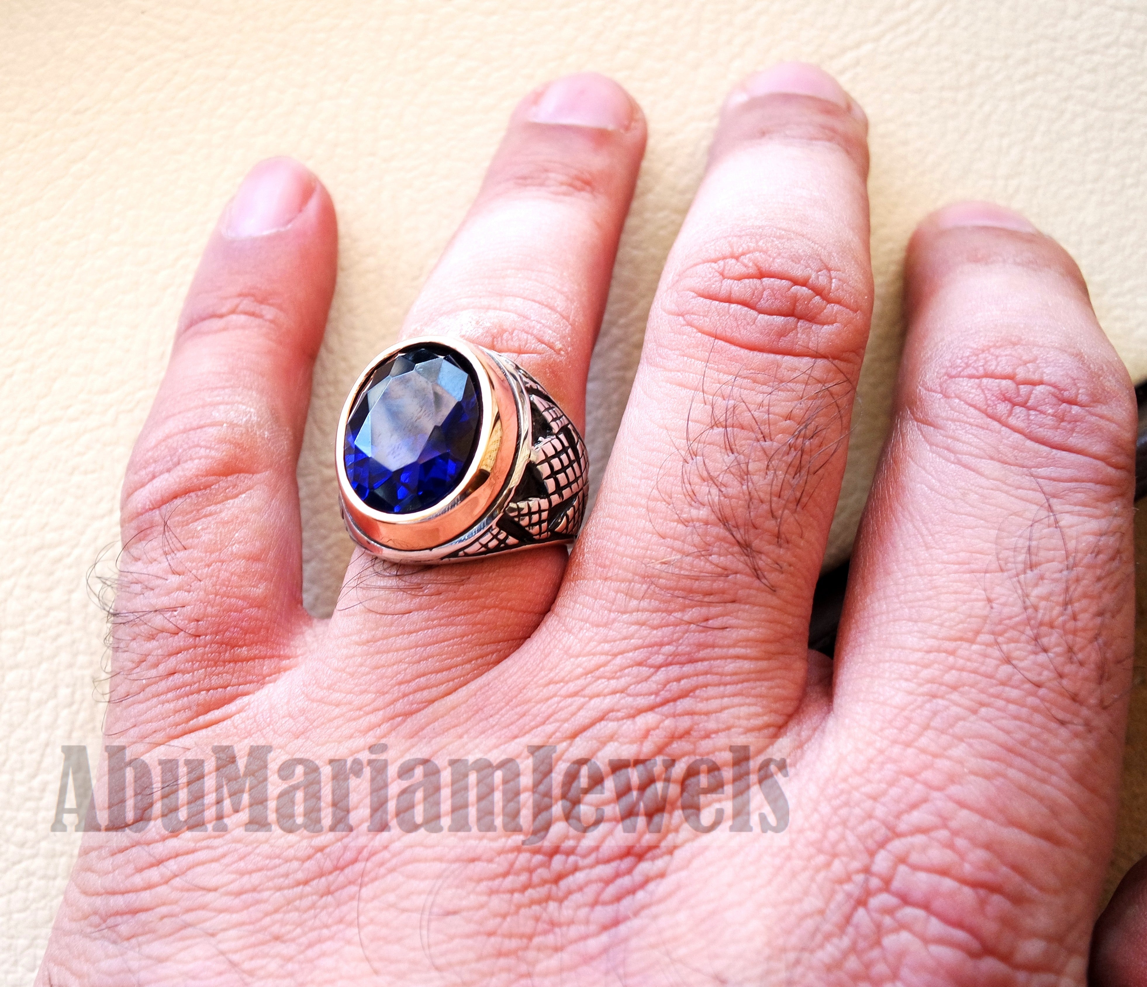 men ring spinel corundum stone identical to genuine sapphire gem sterling silver 925 bronze frame huge gemstone any size jewelry