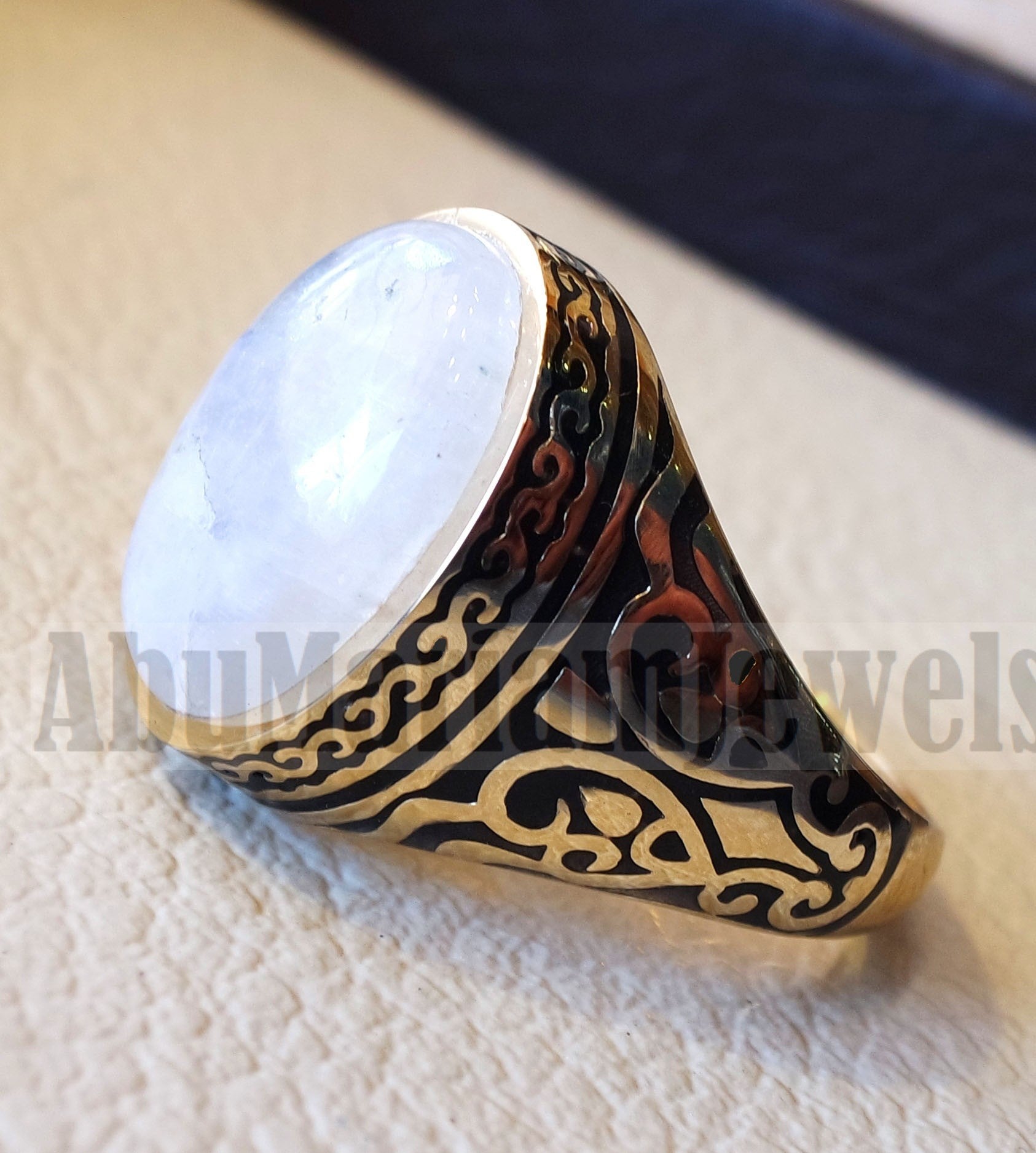 18k gold men ring moonstone cabochon high quality flashy white natural stone all sizes Ottoman signet style fine jewelry fast shipping