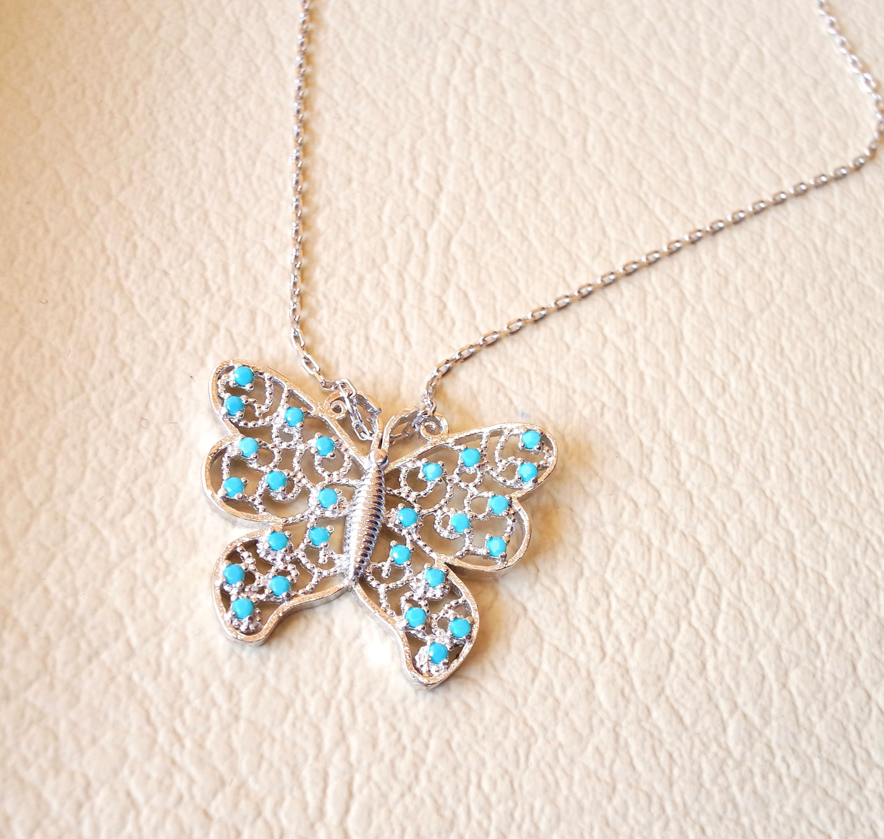 Butterfly necklace sterling silver 925 nano turquoise cubic zircon stones high quality chain