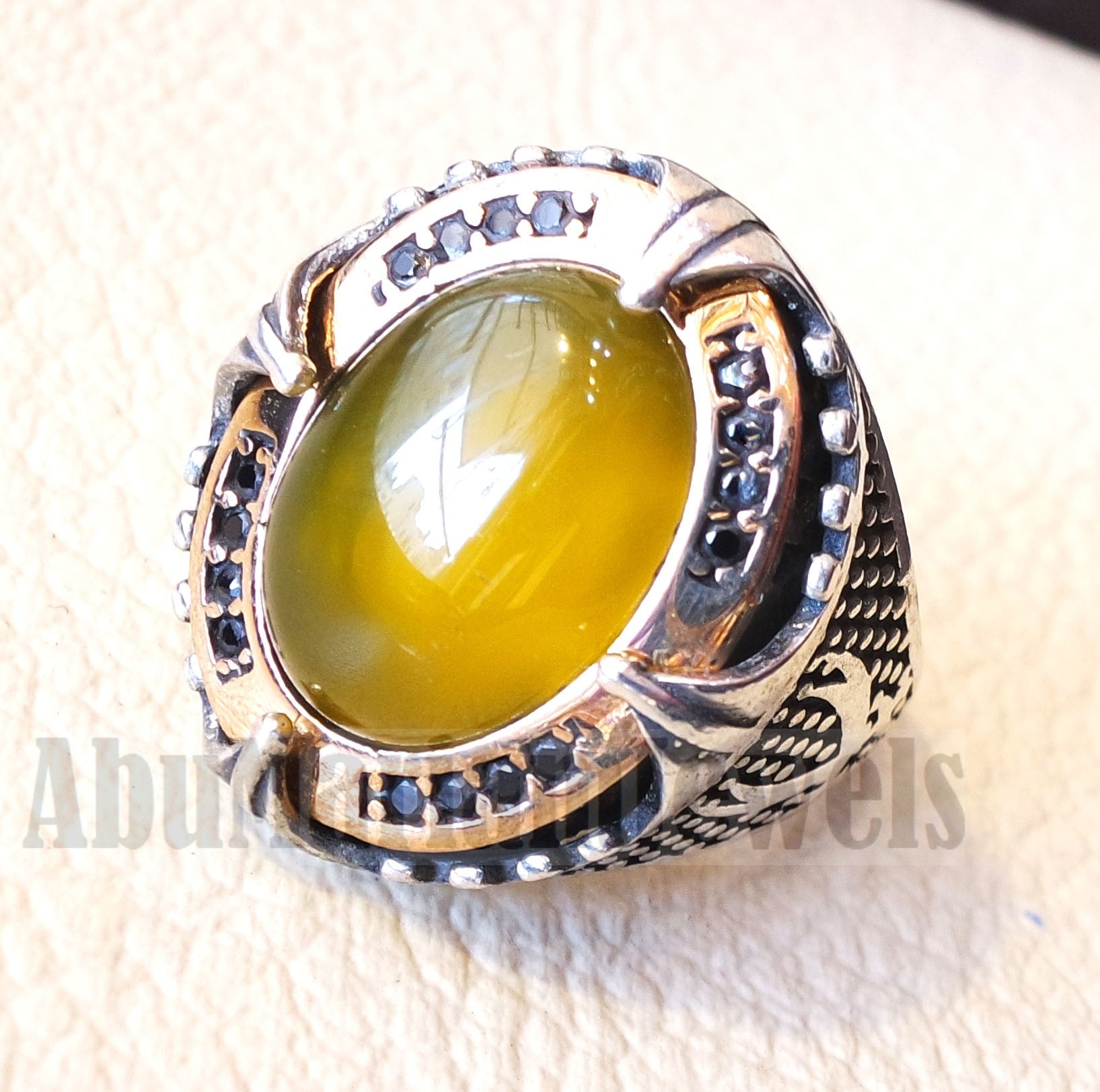 Two swords men ring sterling silver 925 Yellow onyx agate natural stone bronze frame and black cubic zirconia stones all sizes heavy jewelry