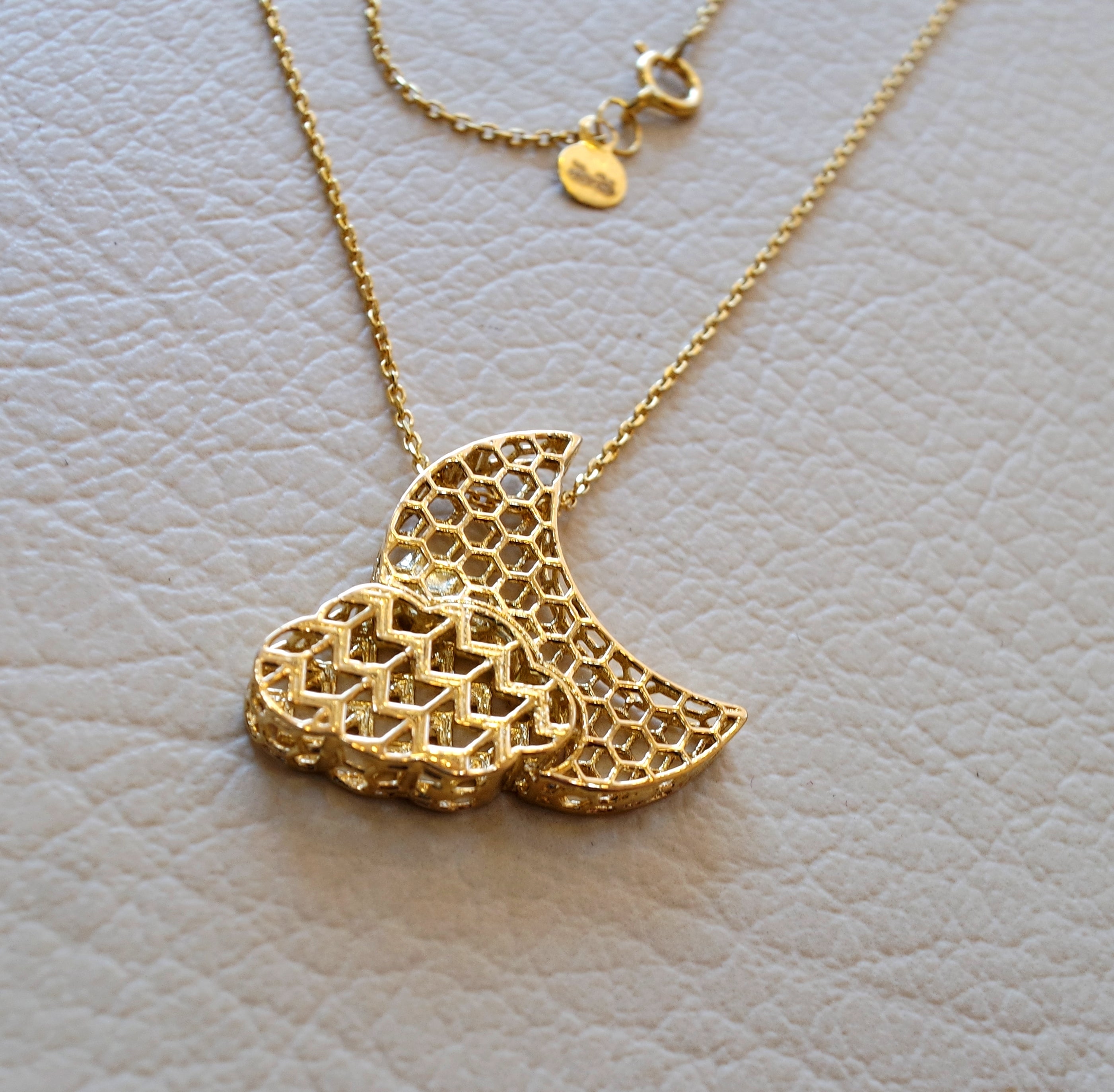 Honeycomb moon and cloud 3d 18K yellow gold necklace pendant and chain fine jewelry full insured shipping