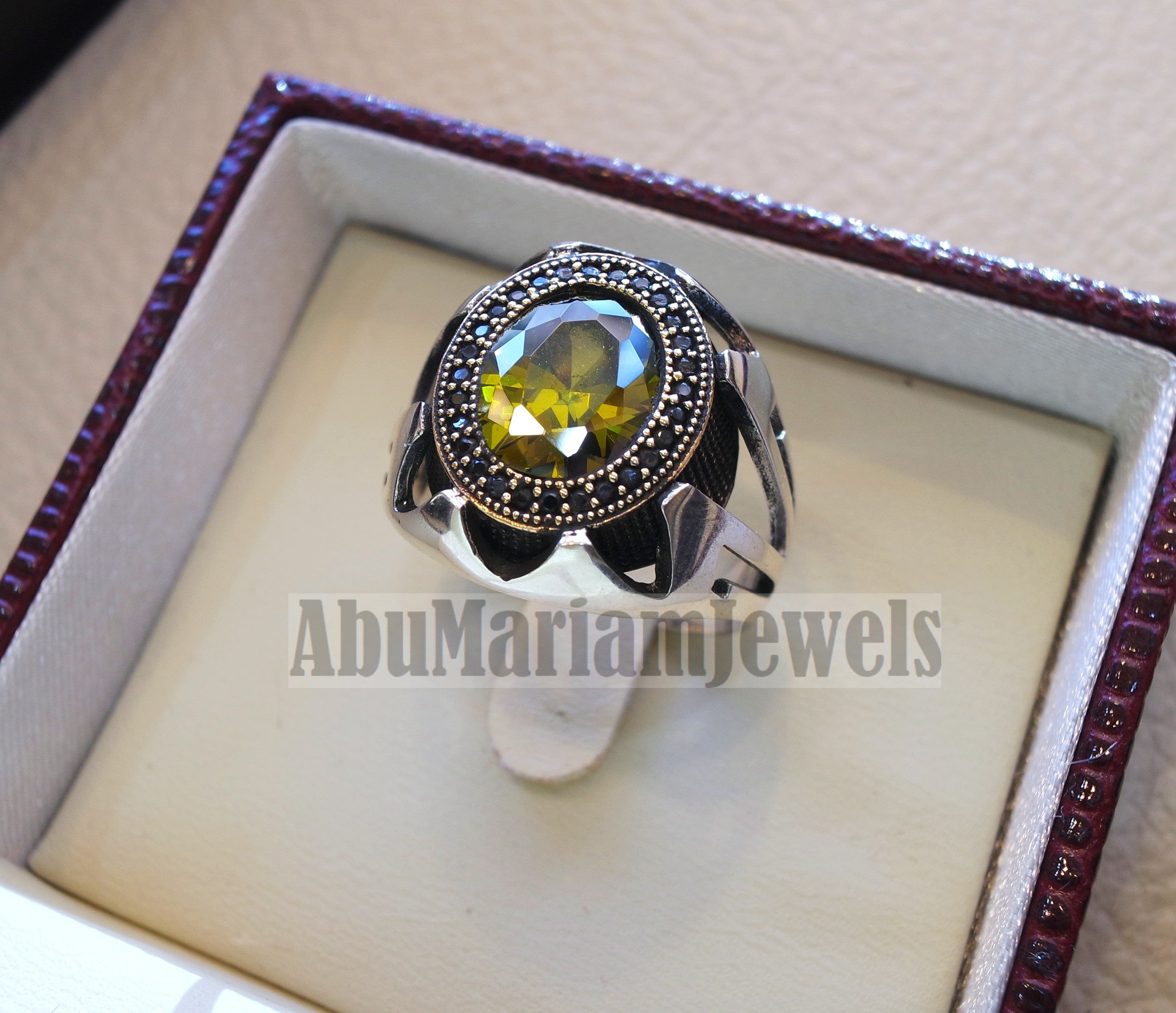 Olive green CZ  stone and black cubic zircon micro setting on bronze frame stunning sterling silver 925 men ring all sizes