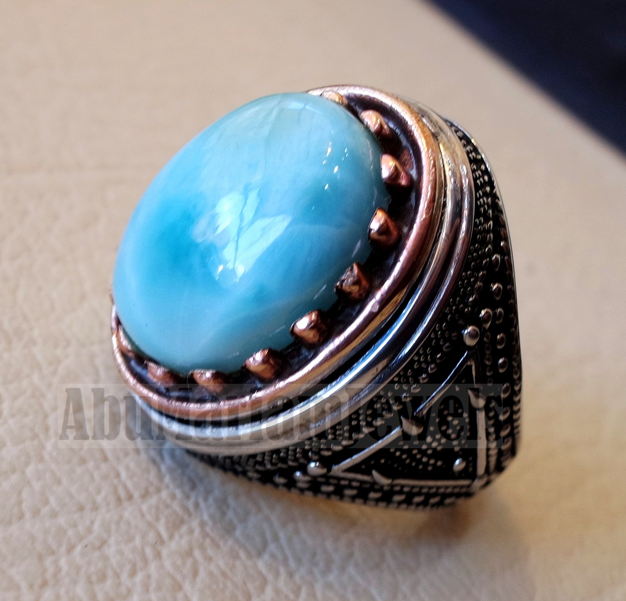 Dominican larimar blue natural stone ring sterling silver 925 and bronze frame men jewelry all sizes gem high quality middle eastern style