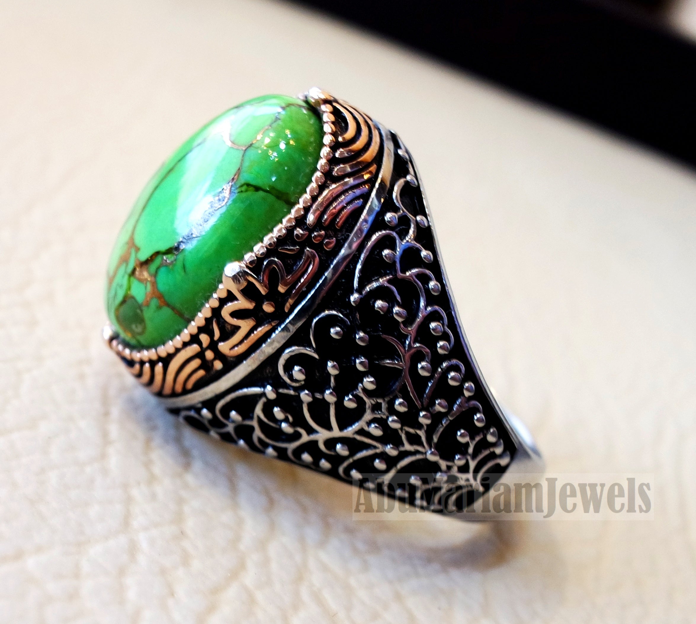 green copper turquoise natural stone men ring sterling silver 925 stunning genuine gem two tone ottoman arabic style jewelry all sizes