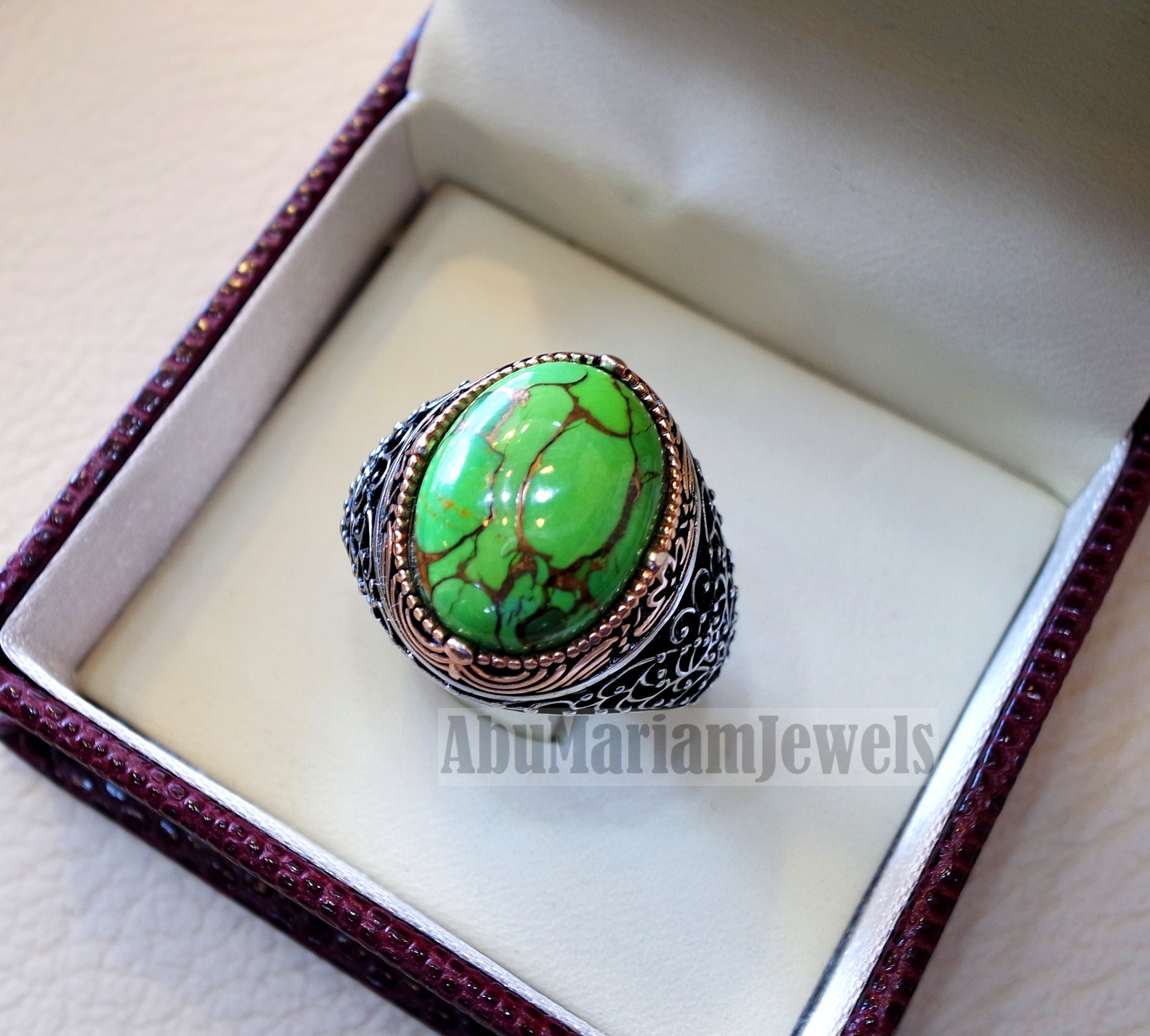 green copper turquoise natural stone men ring sterling silver 925 stunning genuine gem two tone ottoman arabic style jewelry all sizes