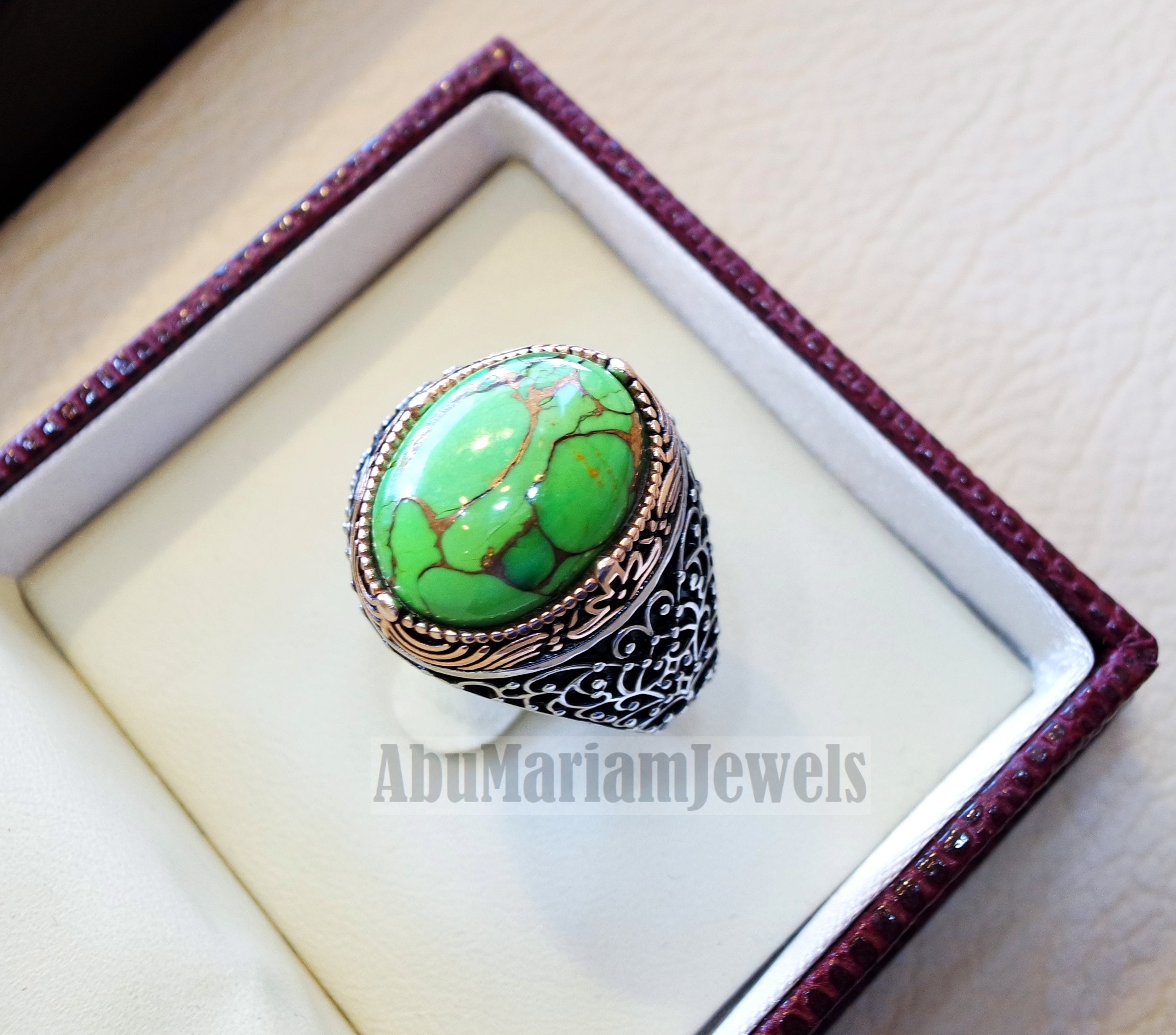 green copper turquoise natural stone men ring sterling silver 925 stunning genuine gem two tone ottoman arabic style jewelry all sizes