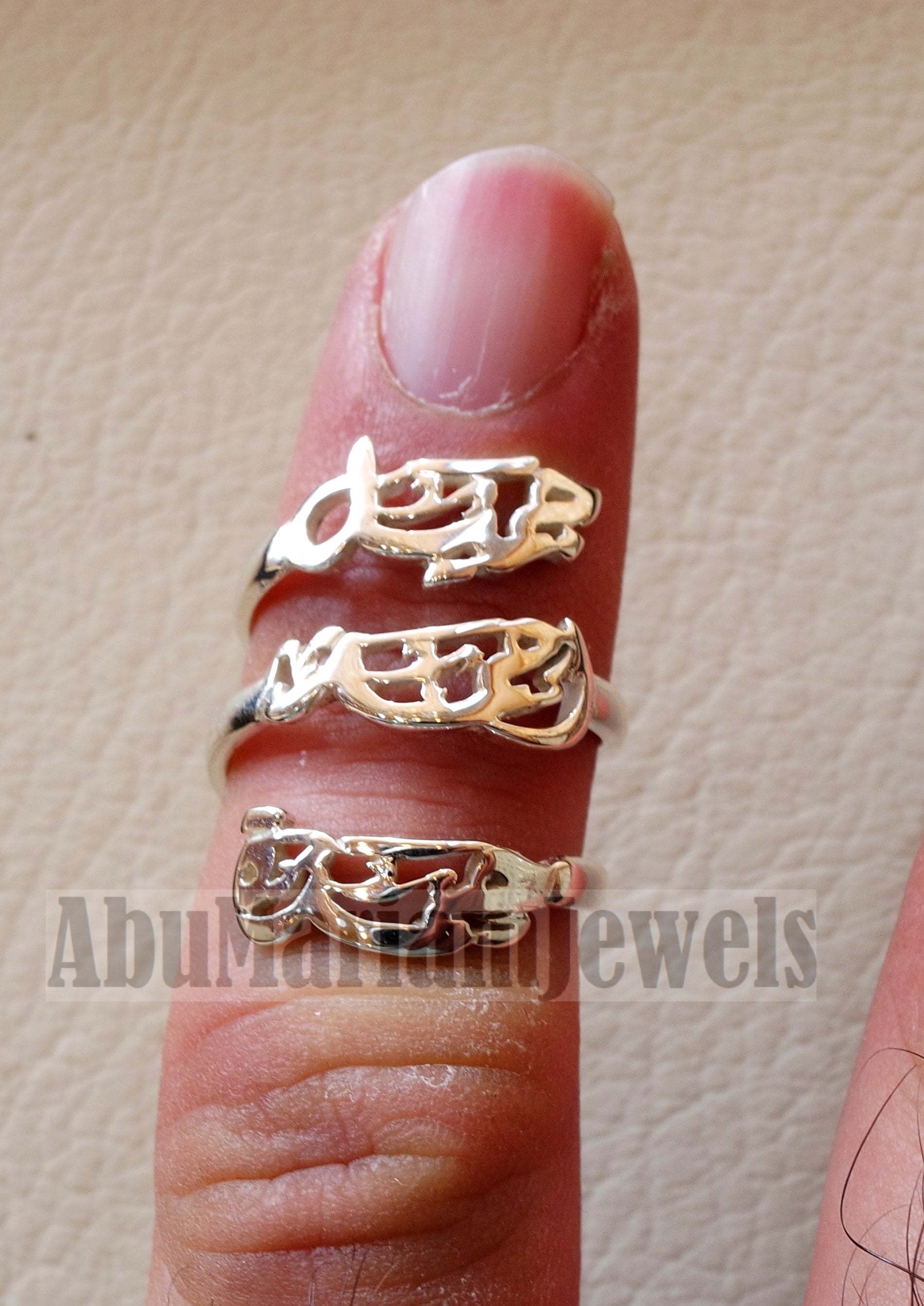 Arabic calligraphy customized 3 names sterling silver 925 or 18 k yellow gold ring fit all sizes any name RE1007 خاتم اسماء عربي