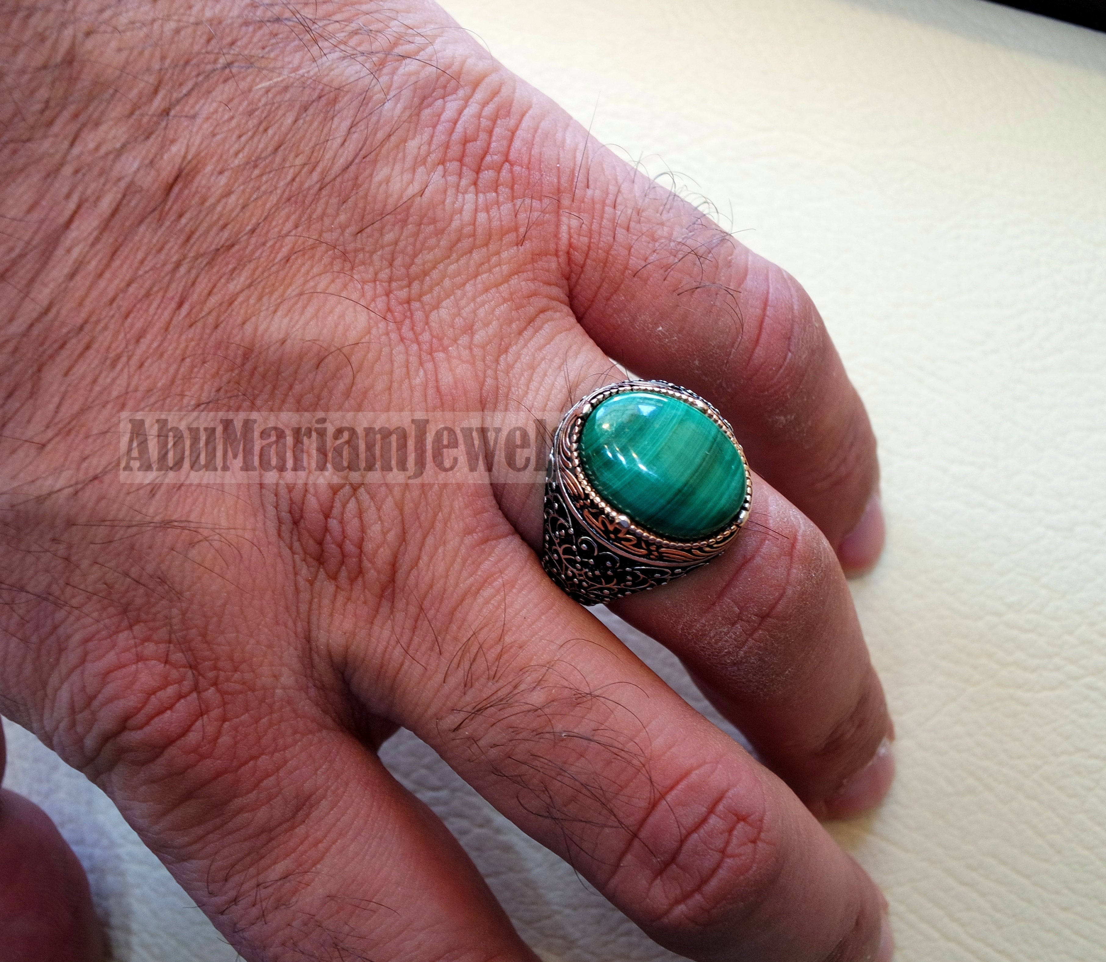 malachite natural green stone sterling silver 925 man ring jewelry bronze frame eastern turkish arabic style oval semi precious cabochon