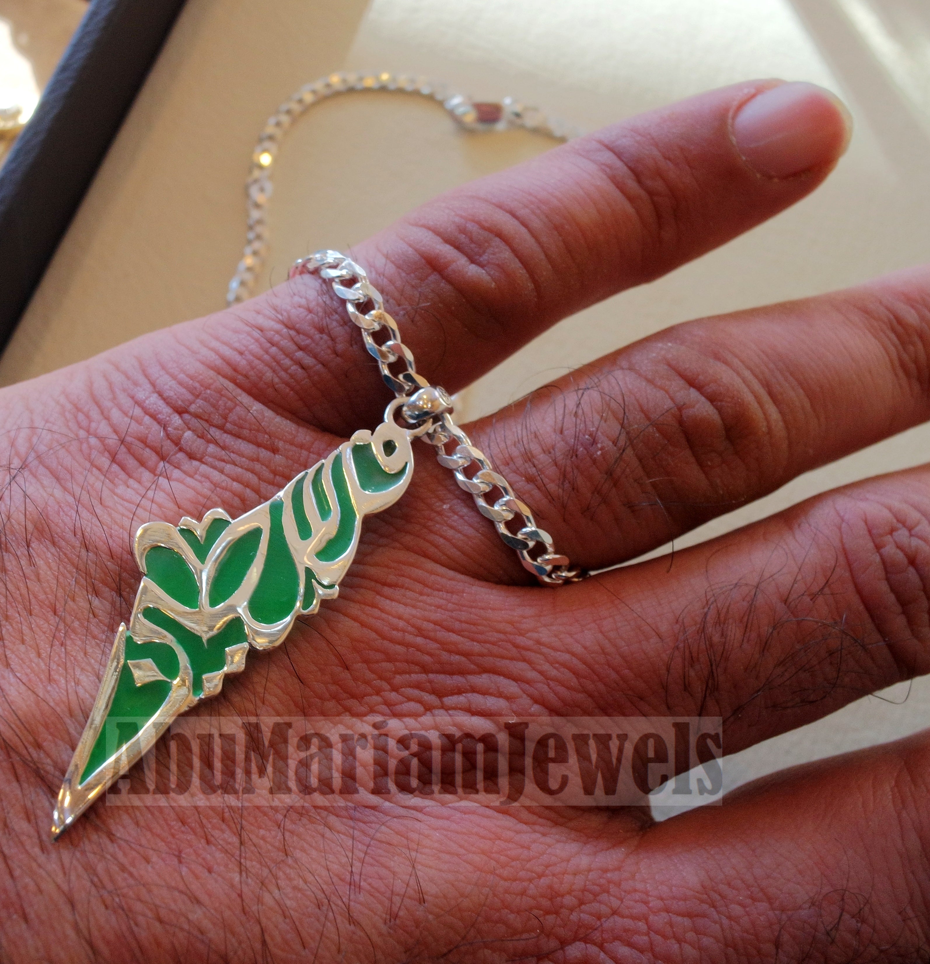 Palestine map pendant sterling silver 925 with thick heavy chain  high quality with green enamel jewelry arabic calligraphy fast shipping خارطه فلسطين