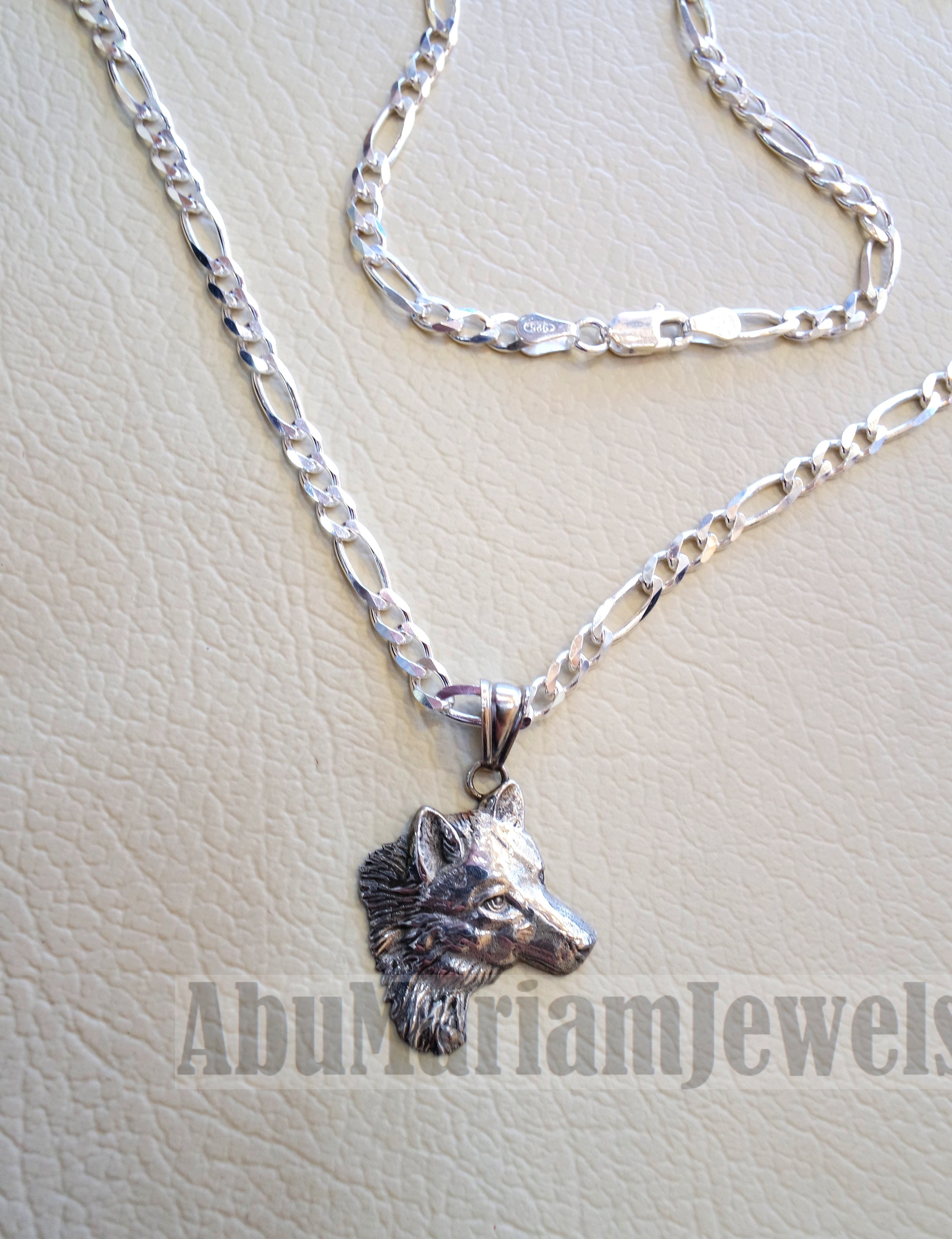 wolf , Husky dog sterling silver 925 pendant with thick figaro chain handmade animal head jewelry fast shipping detailed craftsmanship