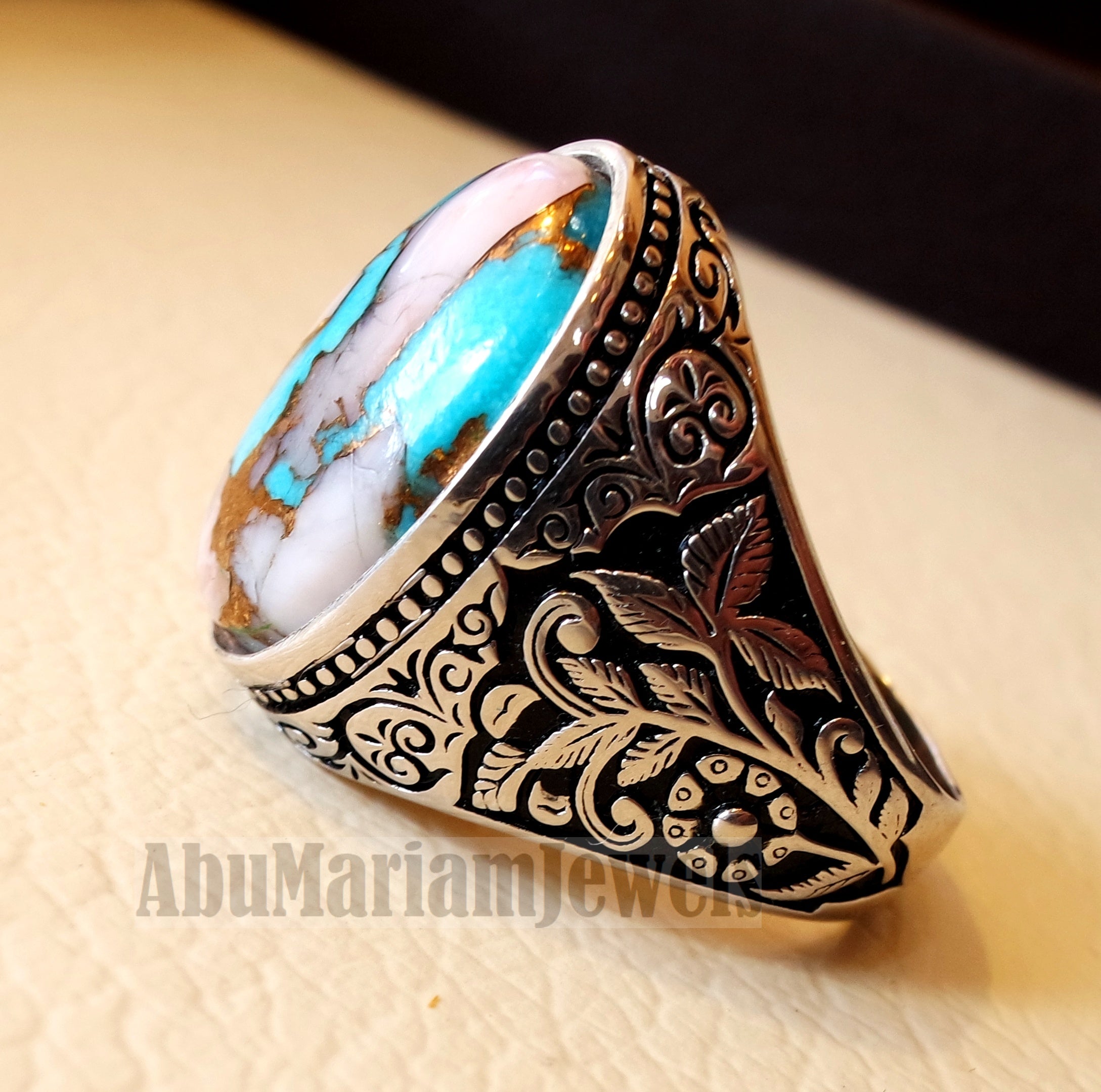 Copper pink Opal Turquoise blue natural stone ring sterling silver 925 men jewelry all sizes gem highest quality middle eastern style