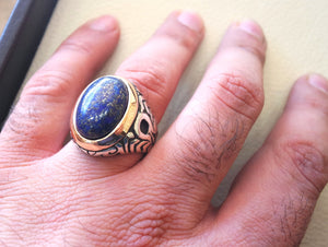 lapis lazuli men ring  oval cabochon natural blue stone  bronze and sterling silver 925  jewelry all sizes 18 * 13 mm ottoman middle eastern