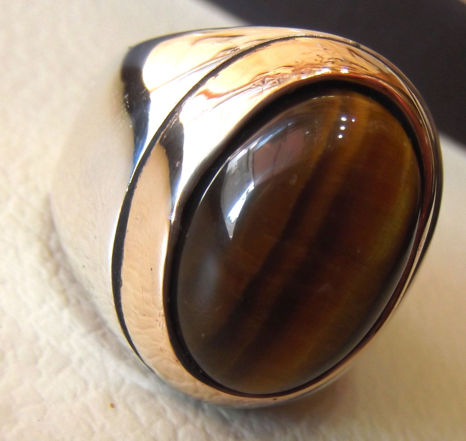 men ring tiger eye cat eye natural cabochon semi precious oval stone ottoman antique arabic style two tone sterling silver 925  any size