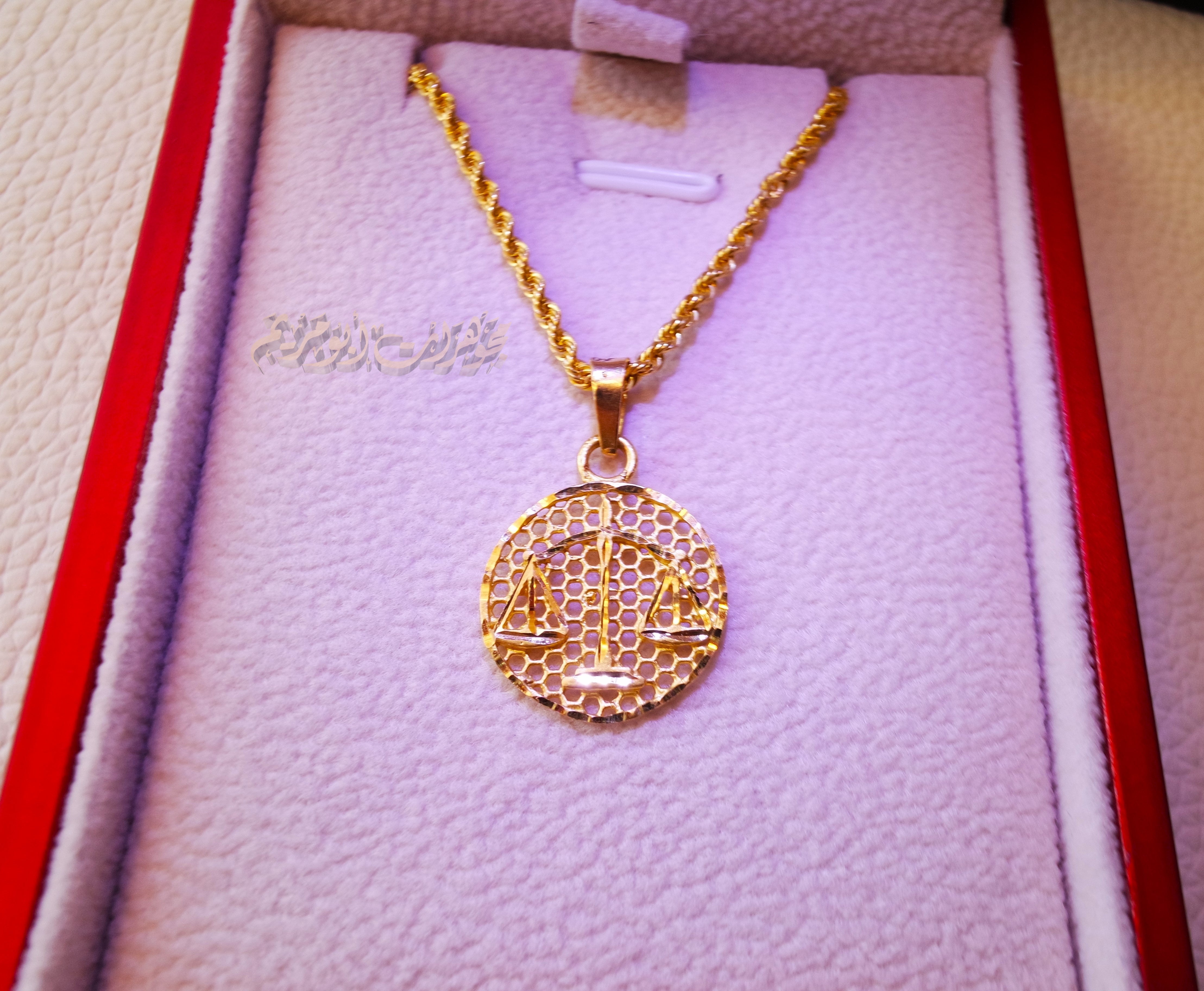 Justice scale lawyer or Judge gift 21 k gold round pendant and rope chain fine jewelry necklace fast shipping