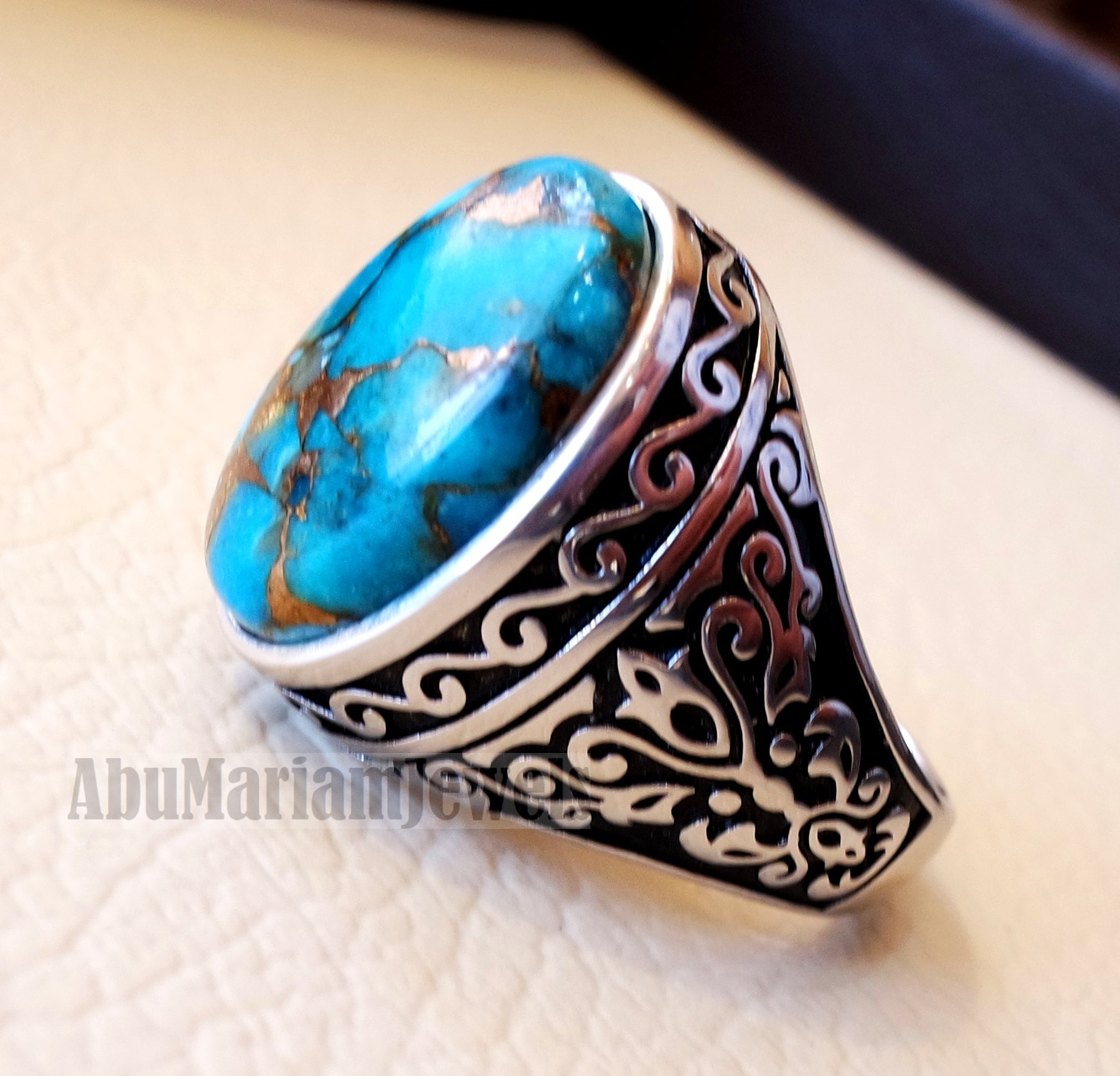 copper turquoise natural stone men sterling silver 925 ring oval cabochon semi precious gem Ottoman style all sizes jewelry