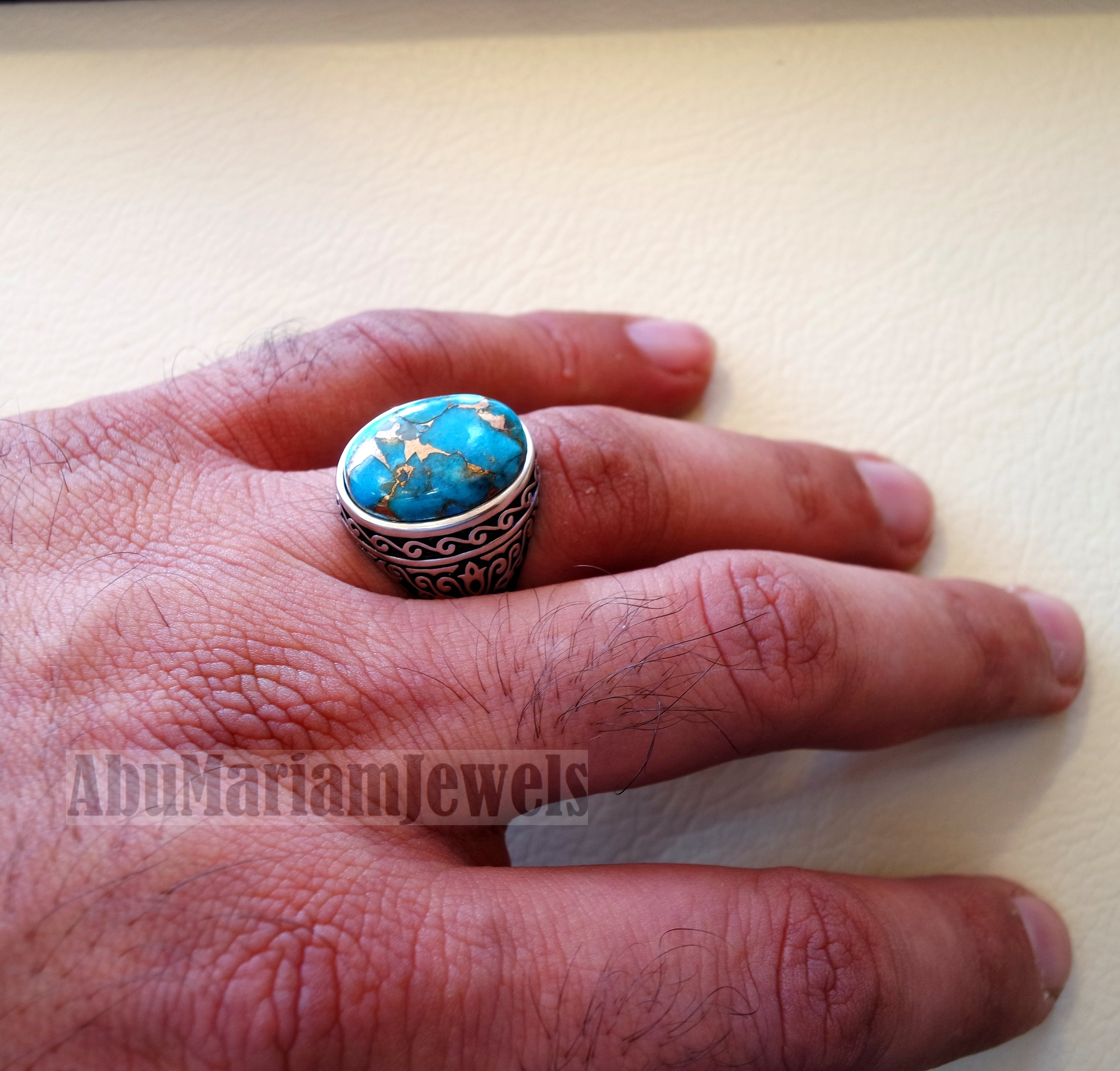 copper turquoise natural stone men sterling silver 925 ring oval cabochon semi precious gem Ottoman style all sizes jewelry