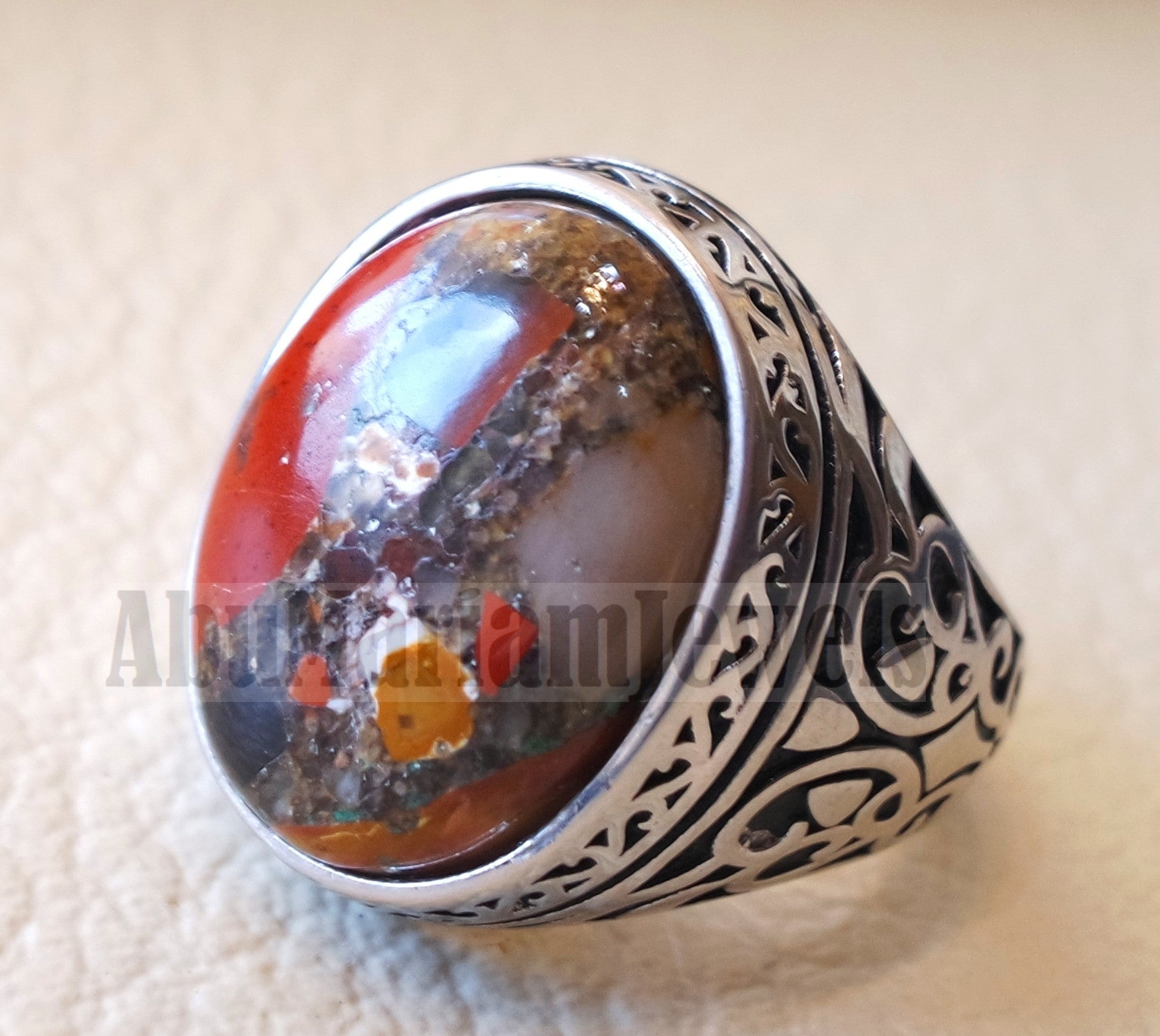 man ring Conglomerate natural stone sterling silver 925 oval cabochon semi precious gem ottoman style all sizes jewelry red brown white