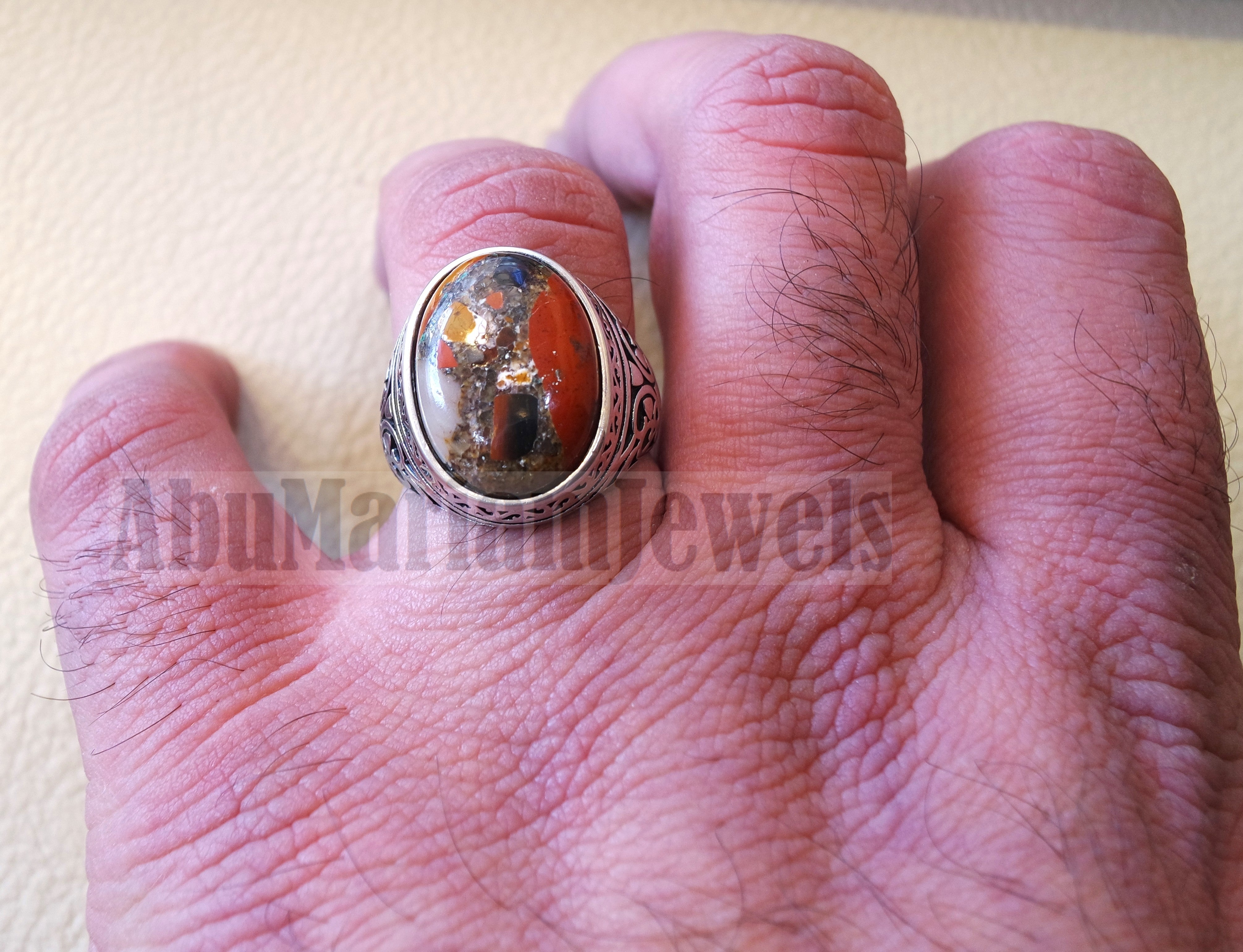 man ring Conglomerate natural stone sterling silver 925 oval cabochon semi precious gem ottoman style all sizes jewelry red brown white