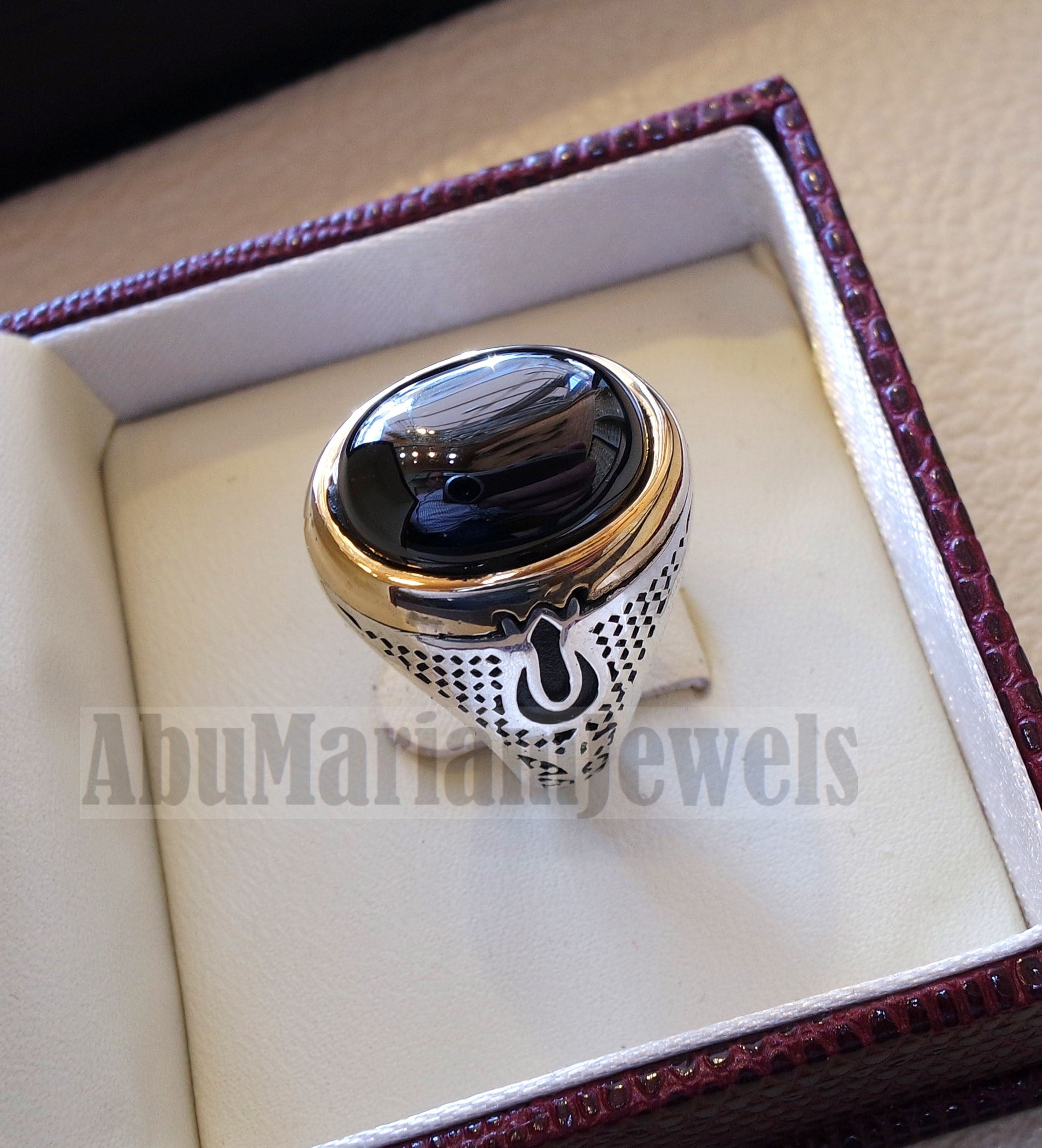 natural onyx agate black stone sterling silver 925 men ring gift arabic turkish ottoman antique style all sizes jewelry with bronze frame