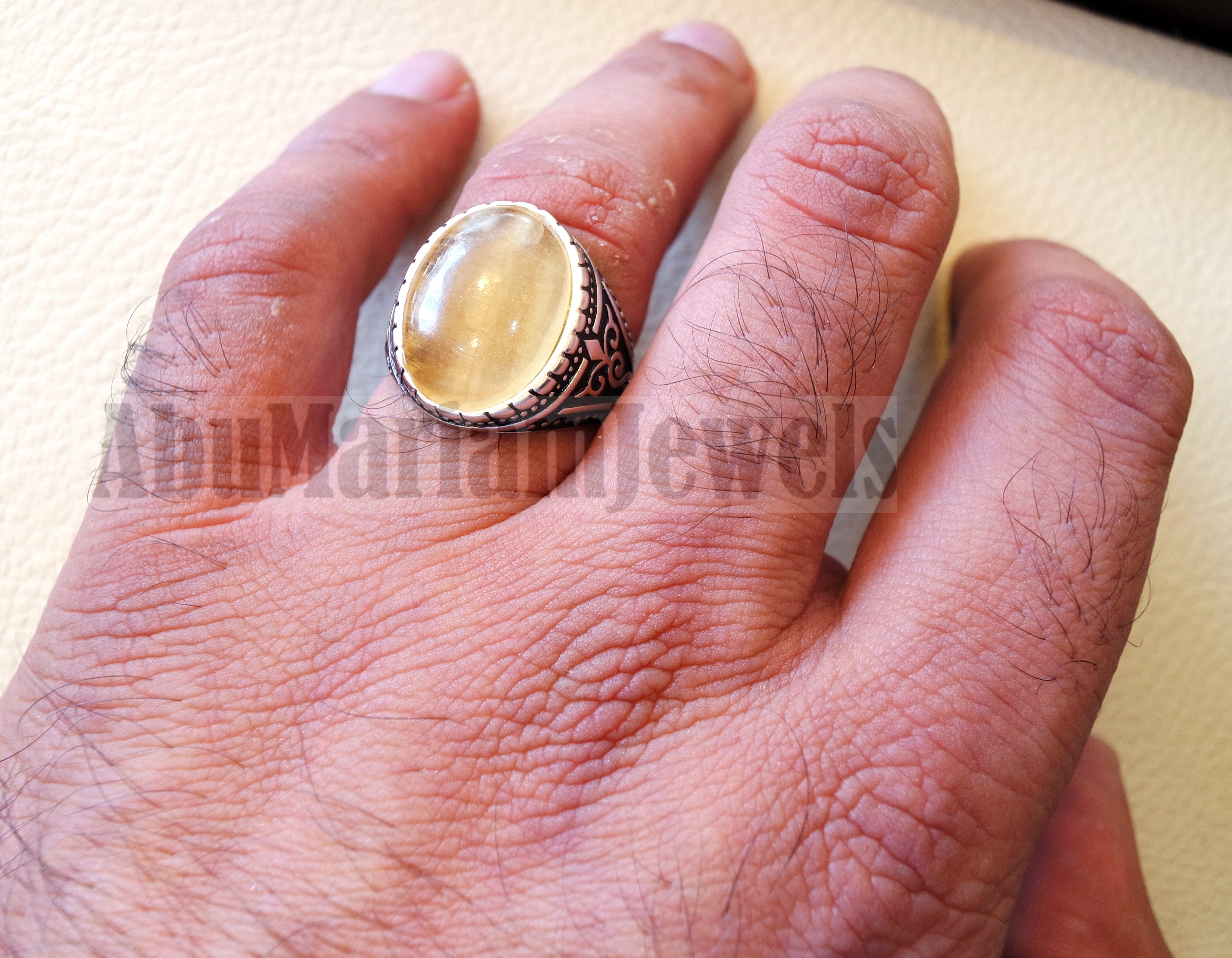 natural yellow fluorite men ring sterling silver 925 unique stone all sizes jewelry fast shipping oxidized ottoman style