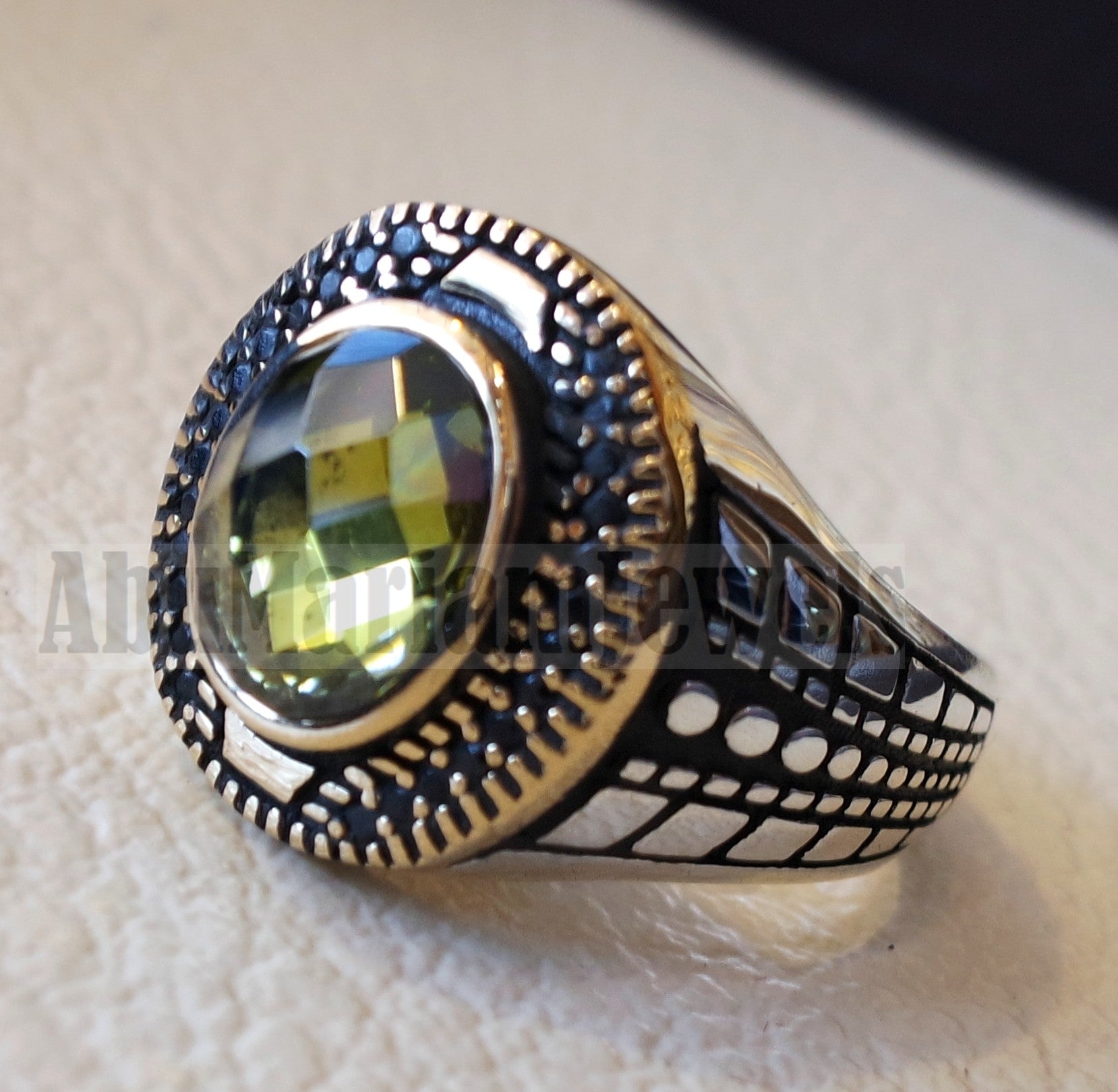 Oval peridot green cabochon imitation sterling silver 925 black cubic zircon men ring all sizes arabic turkish ottoman jewelry bronze frame زبرجد