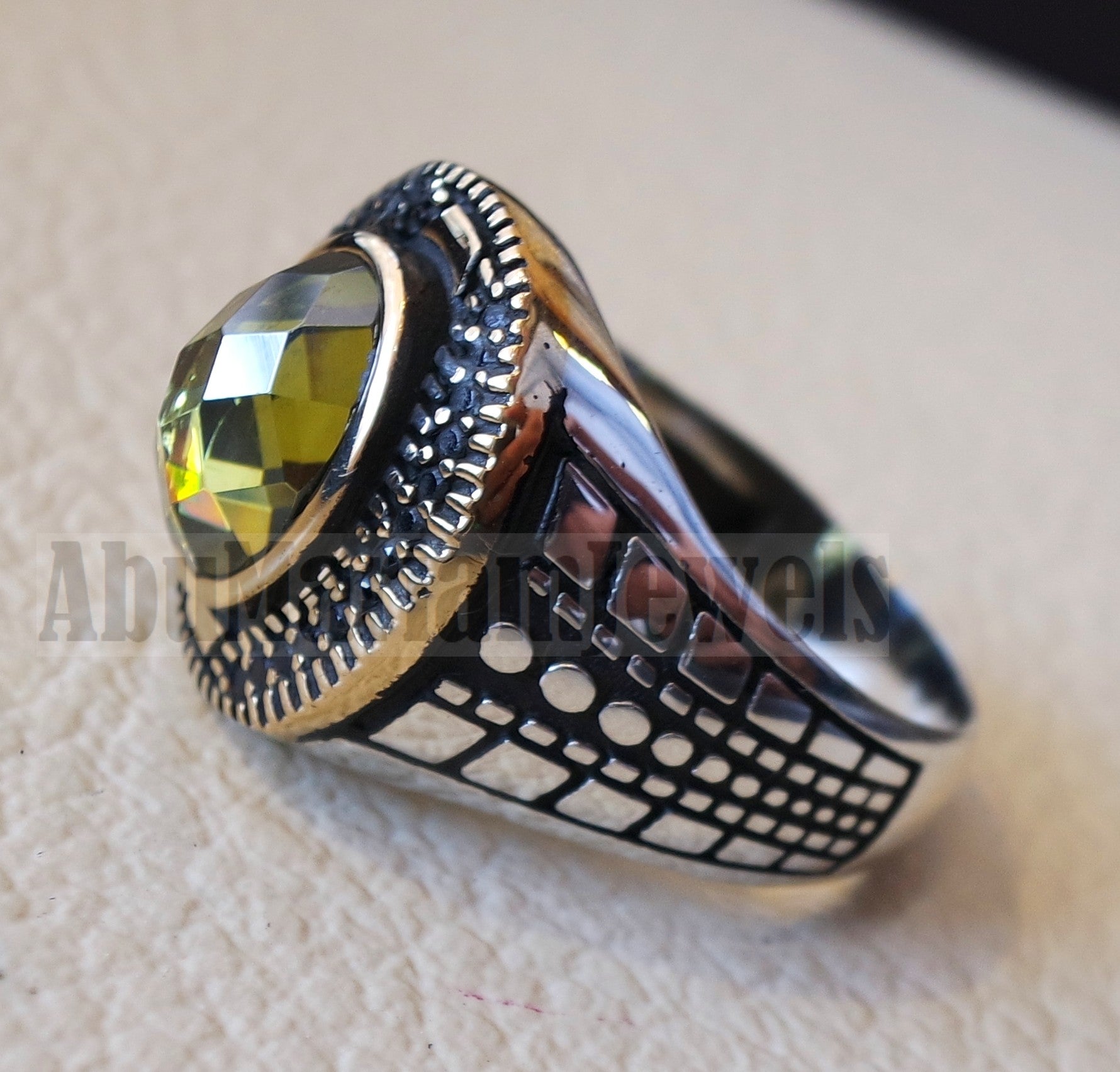 Oval peridot green cabochon imitation sterling silver 925 black cubic zircon men ring all sizes arabic turkish ottoman jewelry bronze frame زبرجد