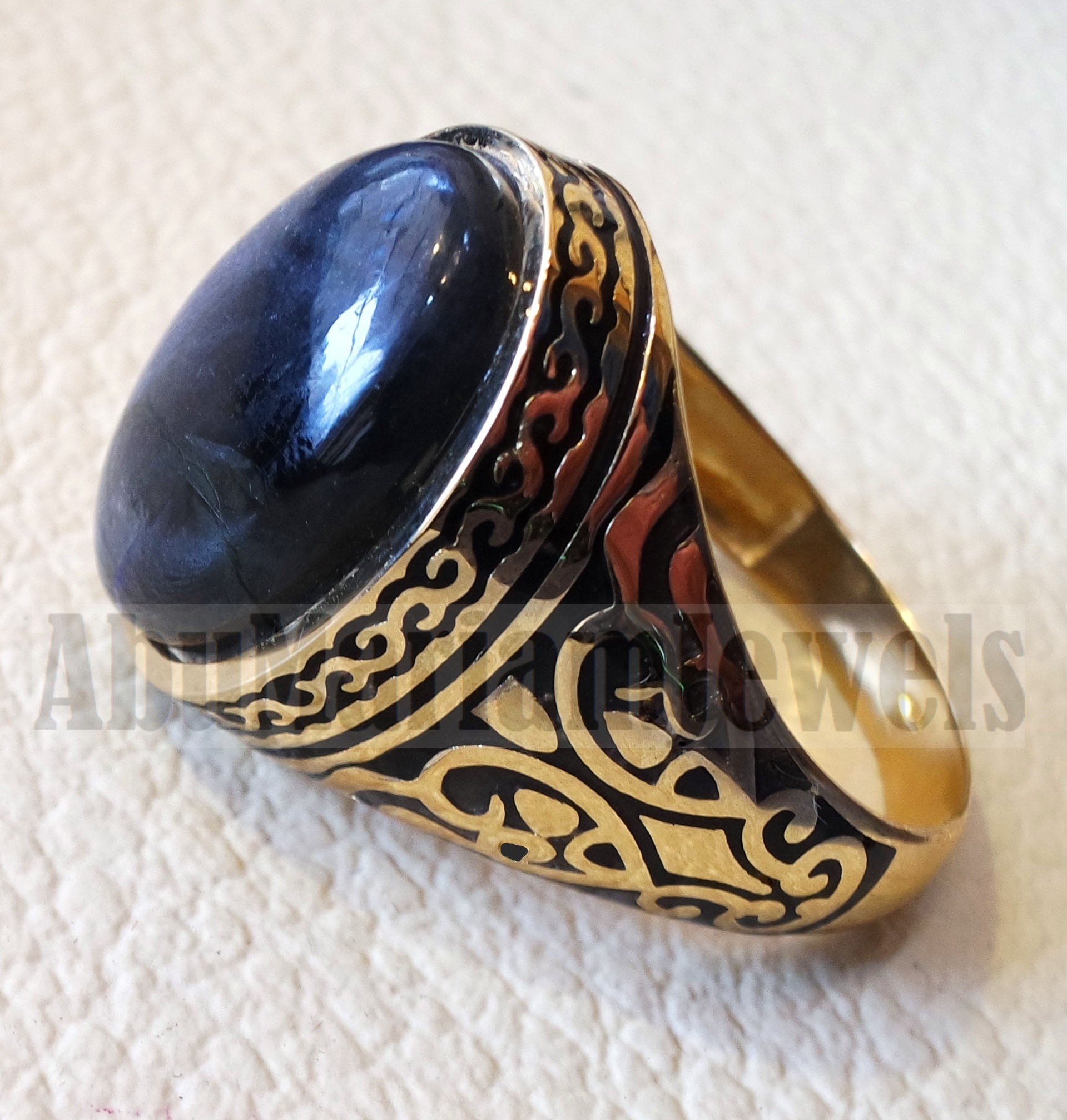 18k gold men ring Labradorite cabochon high quality flashy blue natural stone all sizes Ottoman signet style fine jewelry fast shipping