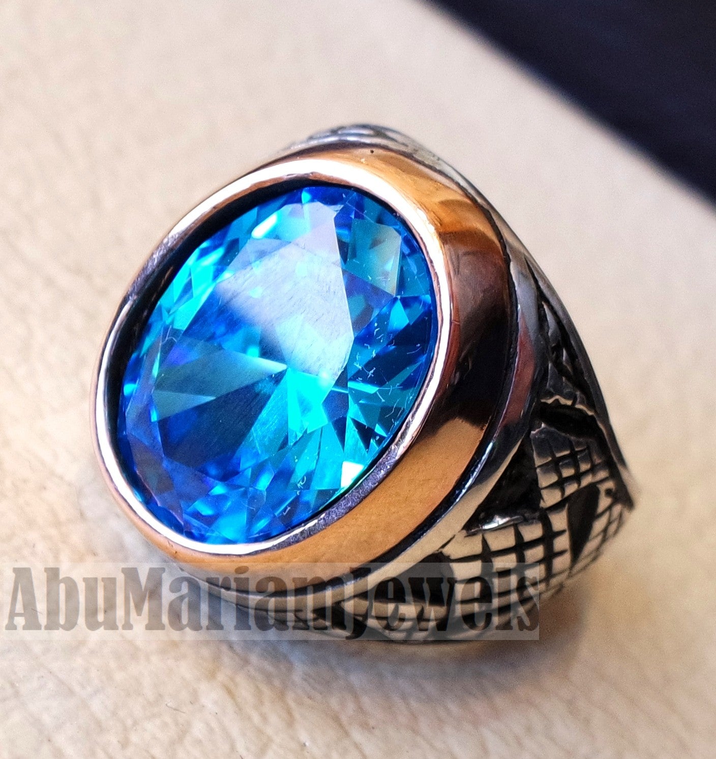 deep vivid sky blue cubic zircon oval 12 x 16 stone highest quality stone sterling silver 925 men ring and bronze frame all sizes jewelry