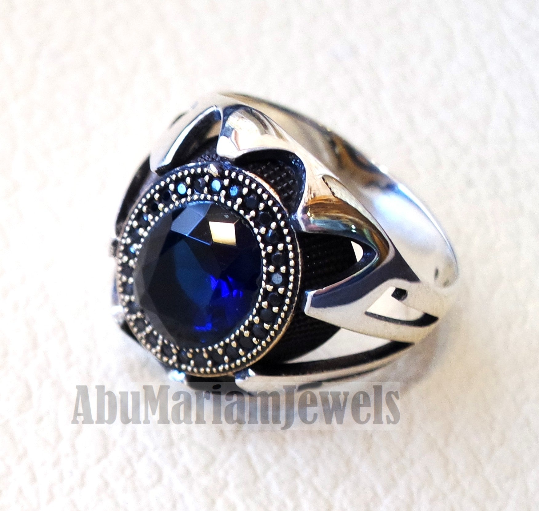 Blue corundum identical to genuine sapphire stone black cubic zircon on bronze frame stunning sterling silver 925 men ring all sizes