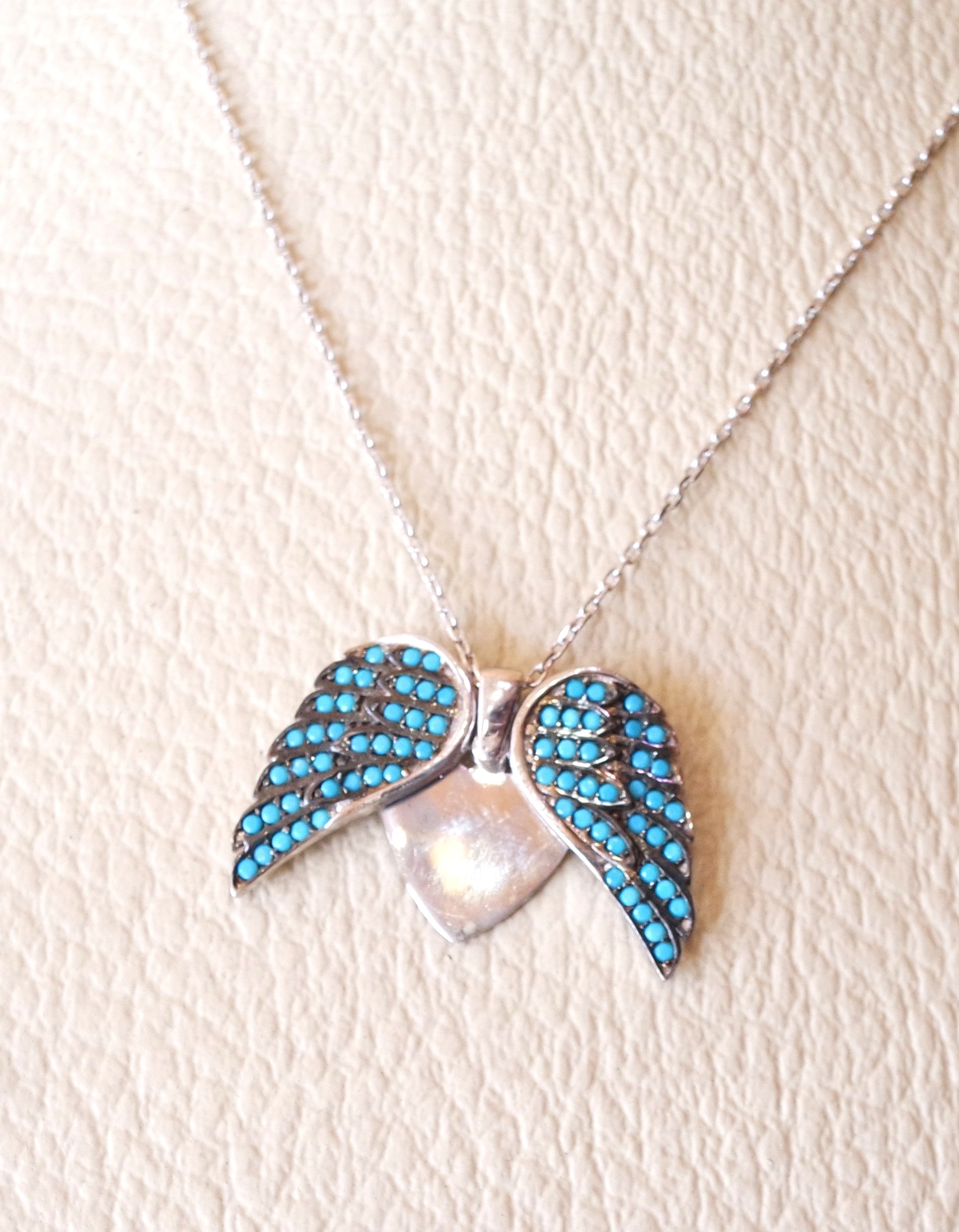 Angel Wings coeur pendentif collier à l'intérieur sterling silver 925 nano turquoise micro réglage