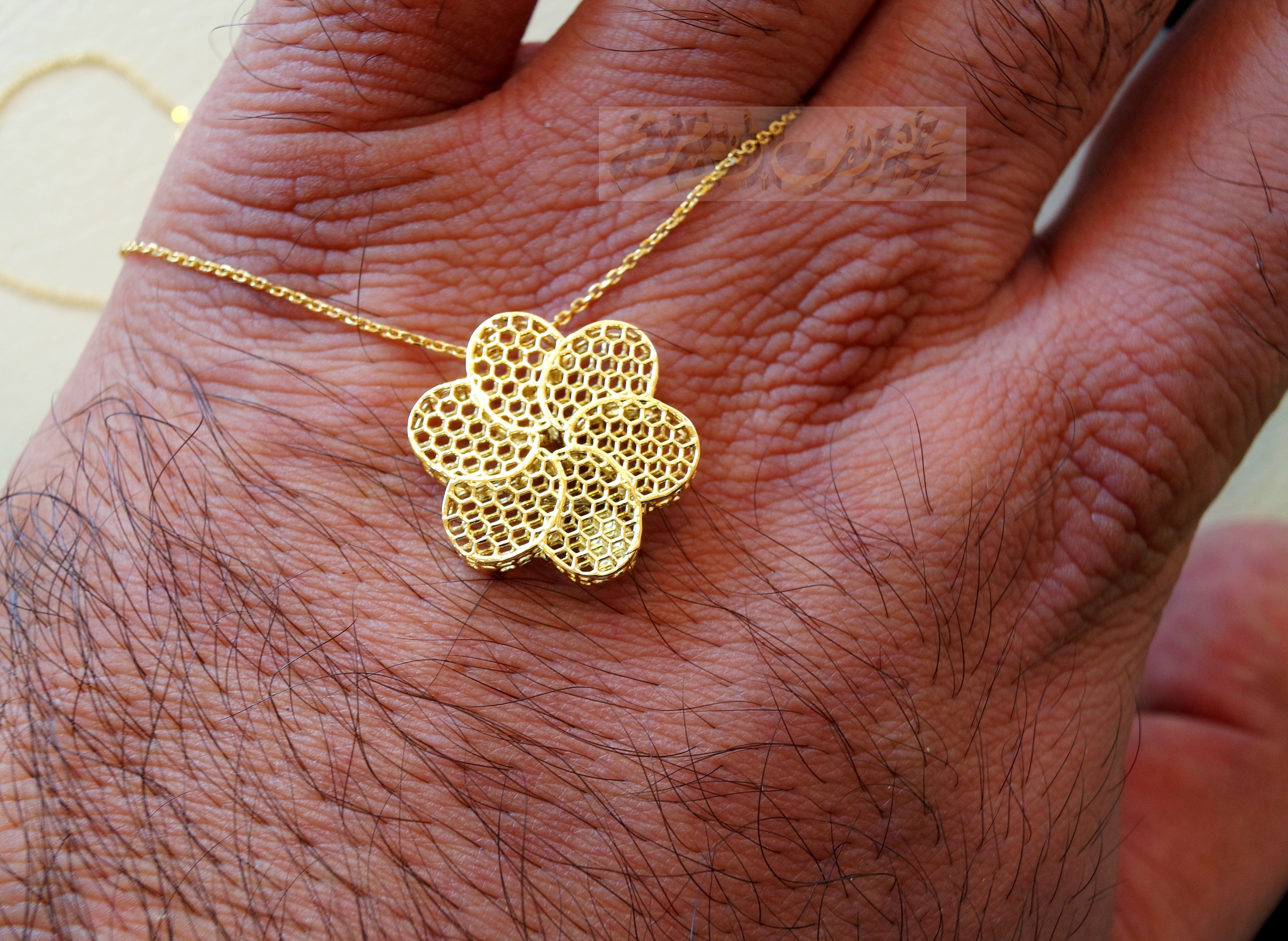 Honeycomb flower 3d 18K yellow gold necklace pendant and chain gift fine jewelry full insured shipping